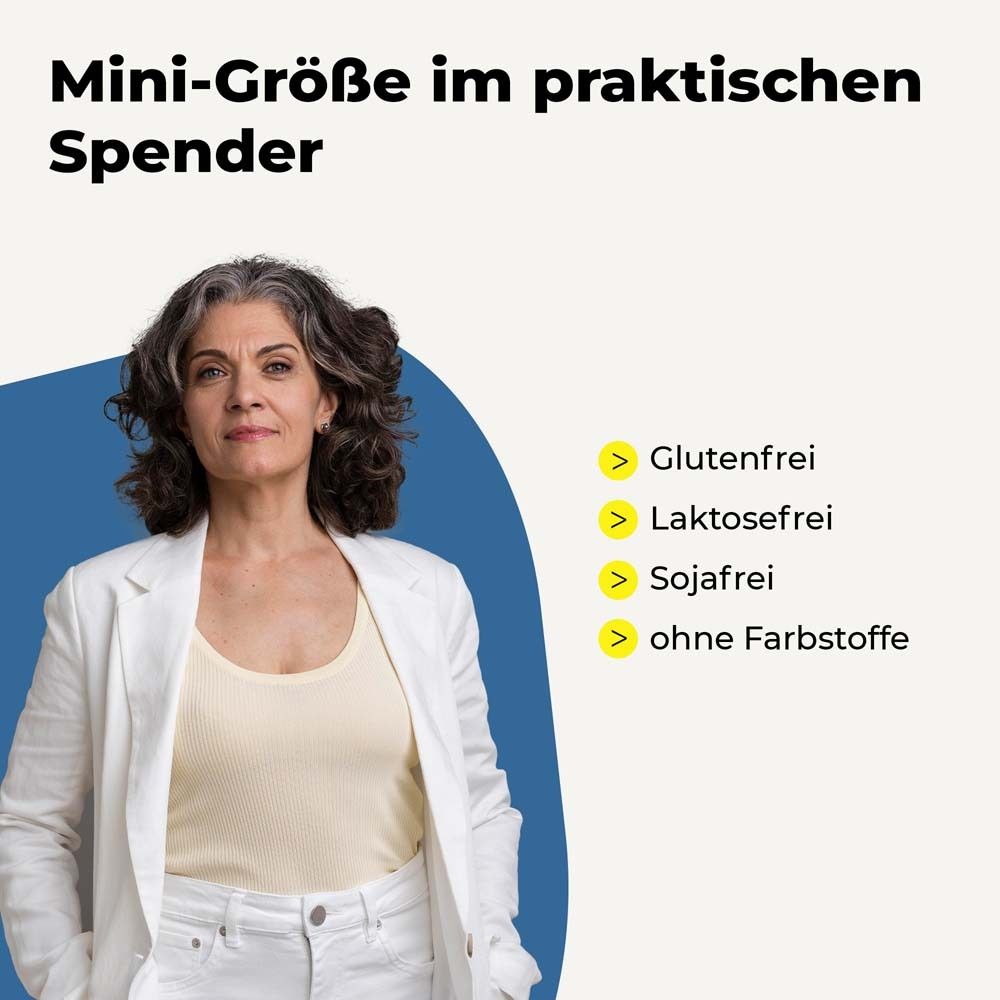 Frau mit Text: Glutenfrei, Laktosefrei, Sojafrei, ohne Farbstoffe. Gelber Hintergrund.