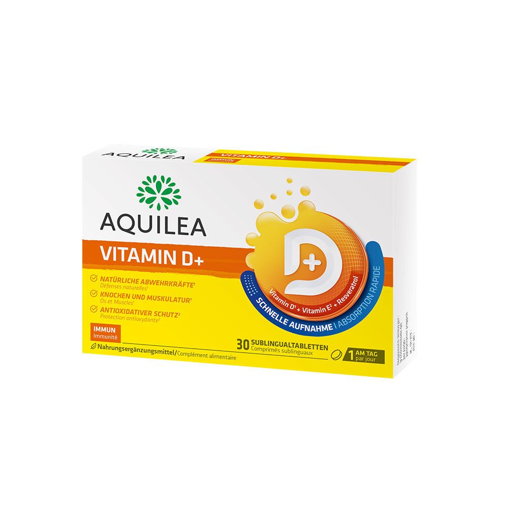 Verpackung von AQUILEA Vitamin D+. Weiß-gelbe Schachtel mit Produktnamen und Logo. Enthält 30 sublinguale Tabletten.