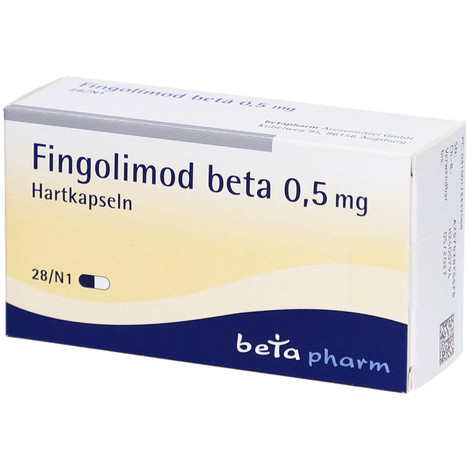 Schachtel mit Medikamenten. Aufschrift: Fingolimod beta 0,5 mg Hartkapseln. 28/N1. Marke: beta pharm.