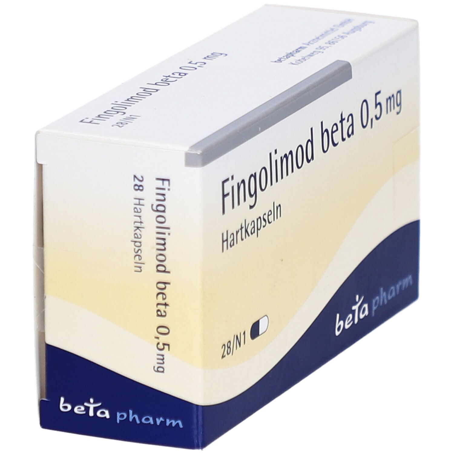 Schachtel mit Medikamenten, schräg. Aufschrift: Fingolimod beta 0,5 mg Hartkapseln. 28/N1. Marke: beta pharm.