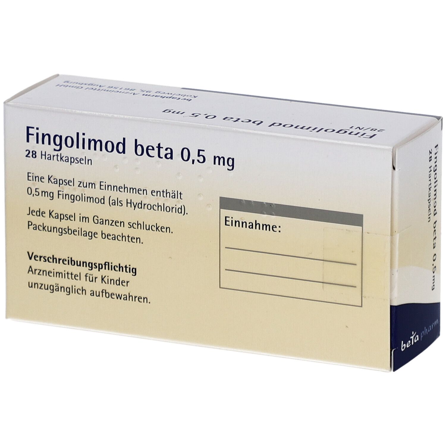 Rückseite der Medikamentenschachtel. Text: Fingolimod beta 0,5 mg Hartkapseln. Angaben zur Einnahme und Hersteller.