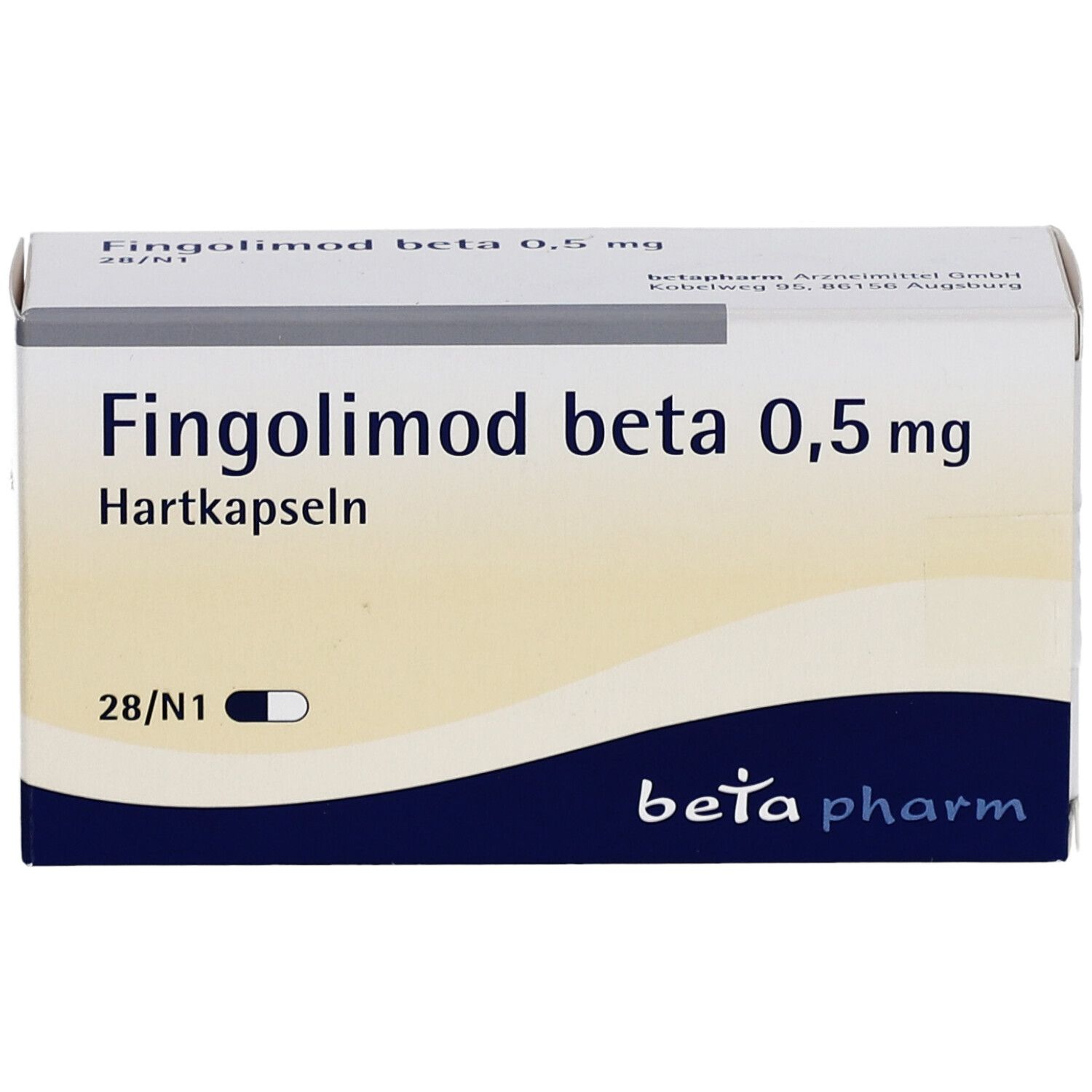 Medikamentenschachtel. Aufschrift: Fingolimod beta 0,5 mg Hartkapseln. 28/N1. Marke: beta pharm.