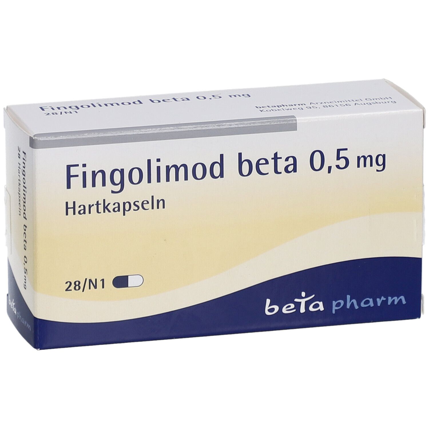 Medikamentenschachtel. Aufschrift: Fingolimod beta 0,5 mg Hartkapseln. 28/N1. Marke: beta pharm.