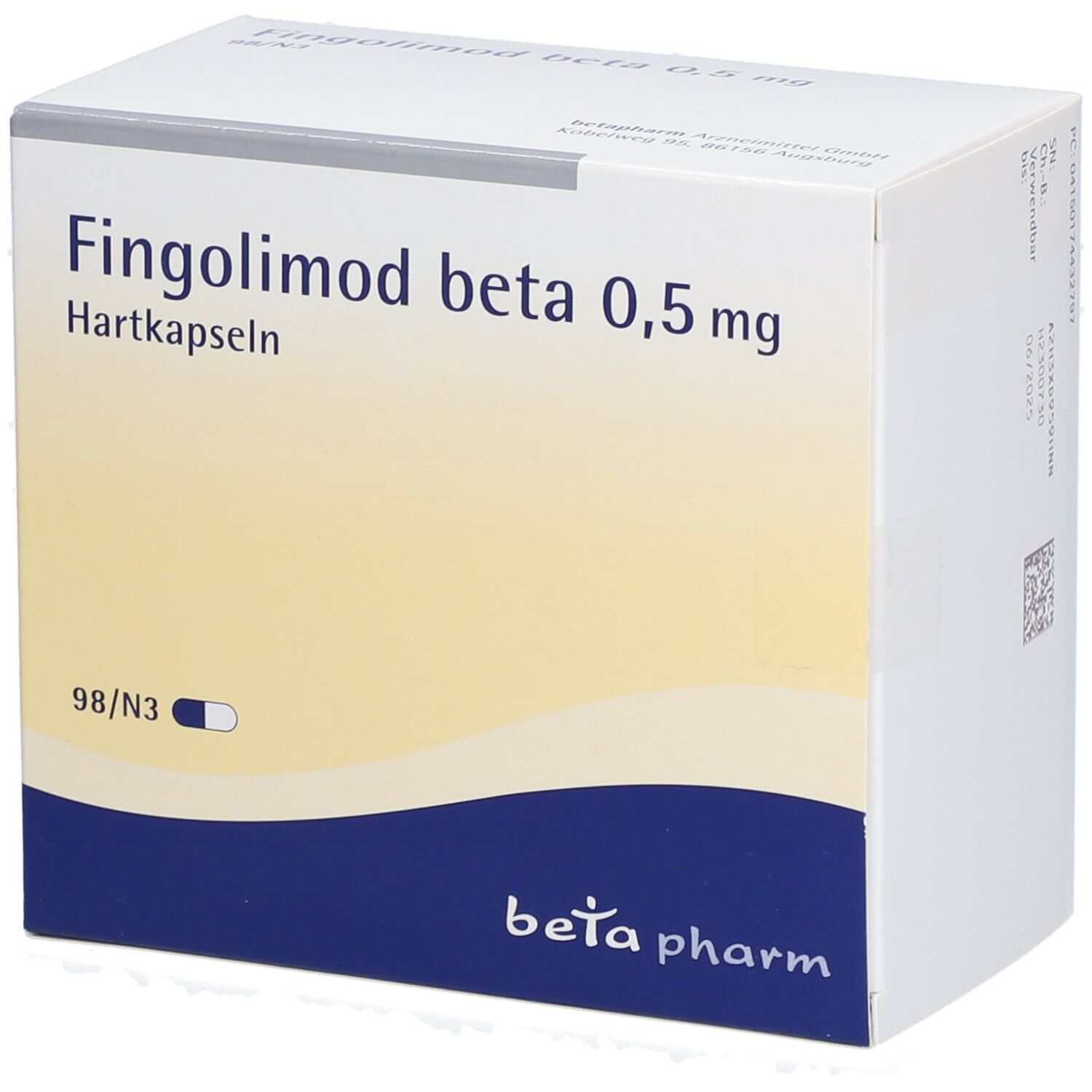 Schachtel mit Fingolimod beta 0,5 mg Hartkapseln. Weiß, blau und gelb. Beta pharm Logo. 98/N3.