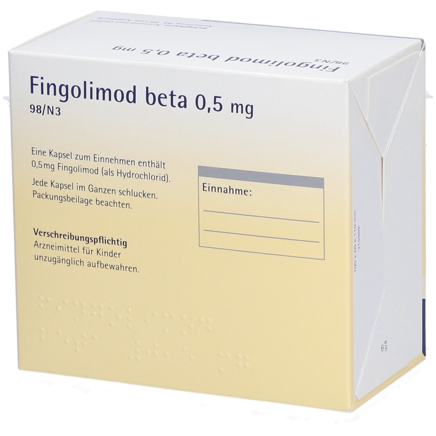 Schachtel Fingolimod beta 0,5 mg Hartkapseln. Text: Einnahme, Verschreibungspflichtig. 98/N3. Gelb, blau, weiß.