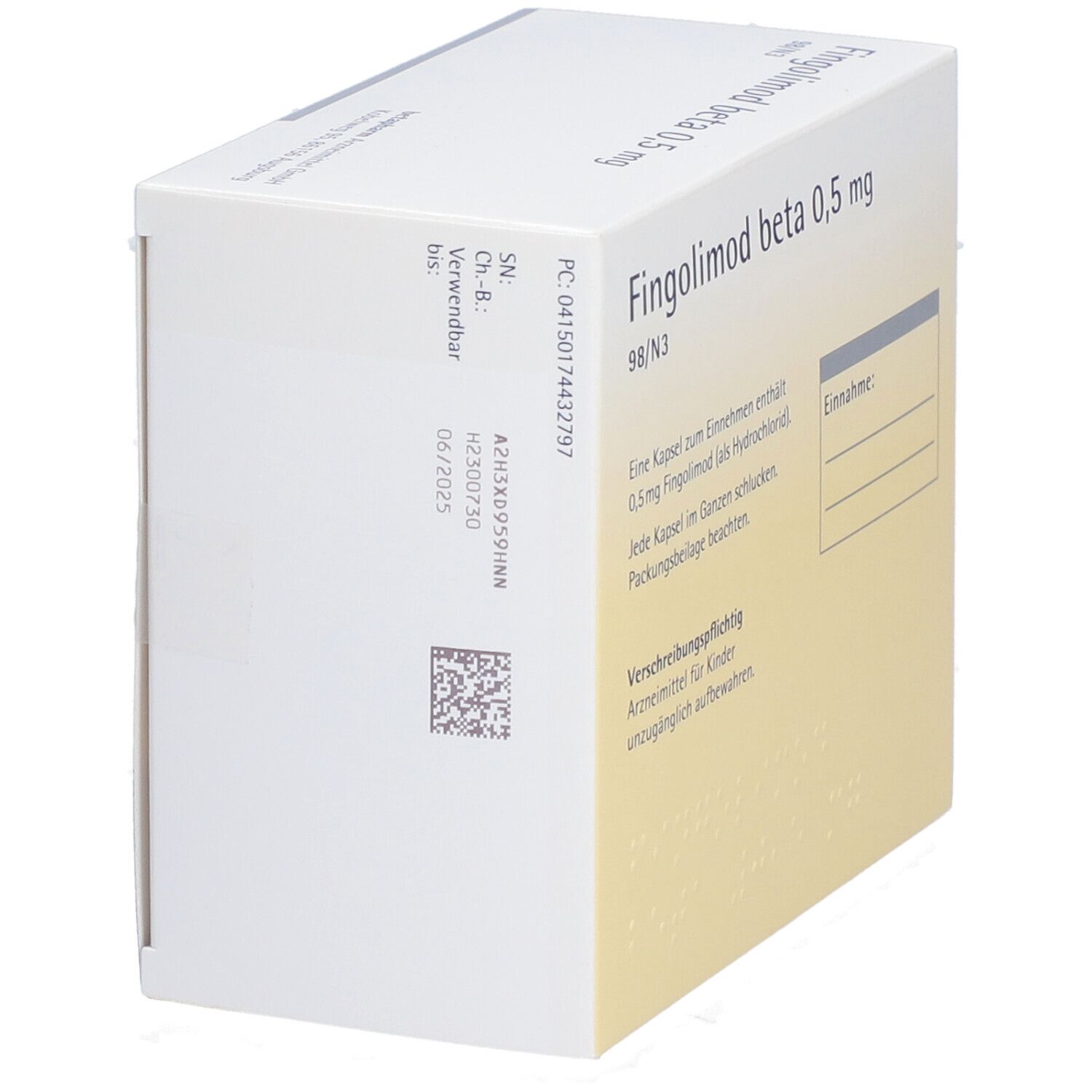 Schachtel Fingolimod beta 0,5 mg Hartkapseln. Text: Einnahme, Verschreibungspflichtig. 98/N3. Seitenansicht.
