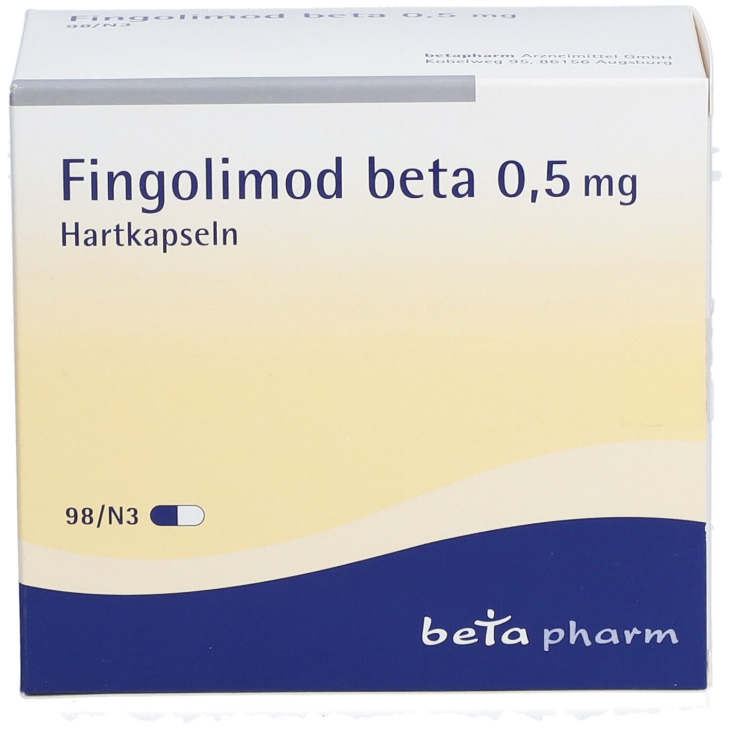 Schachtel Fingolimod beta 0,5 mg Hartkapseln. Weiß, blau und gelb. Beta pharm Logo. 98/N3.