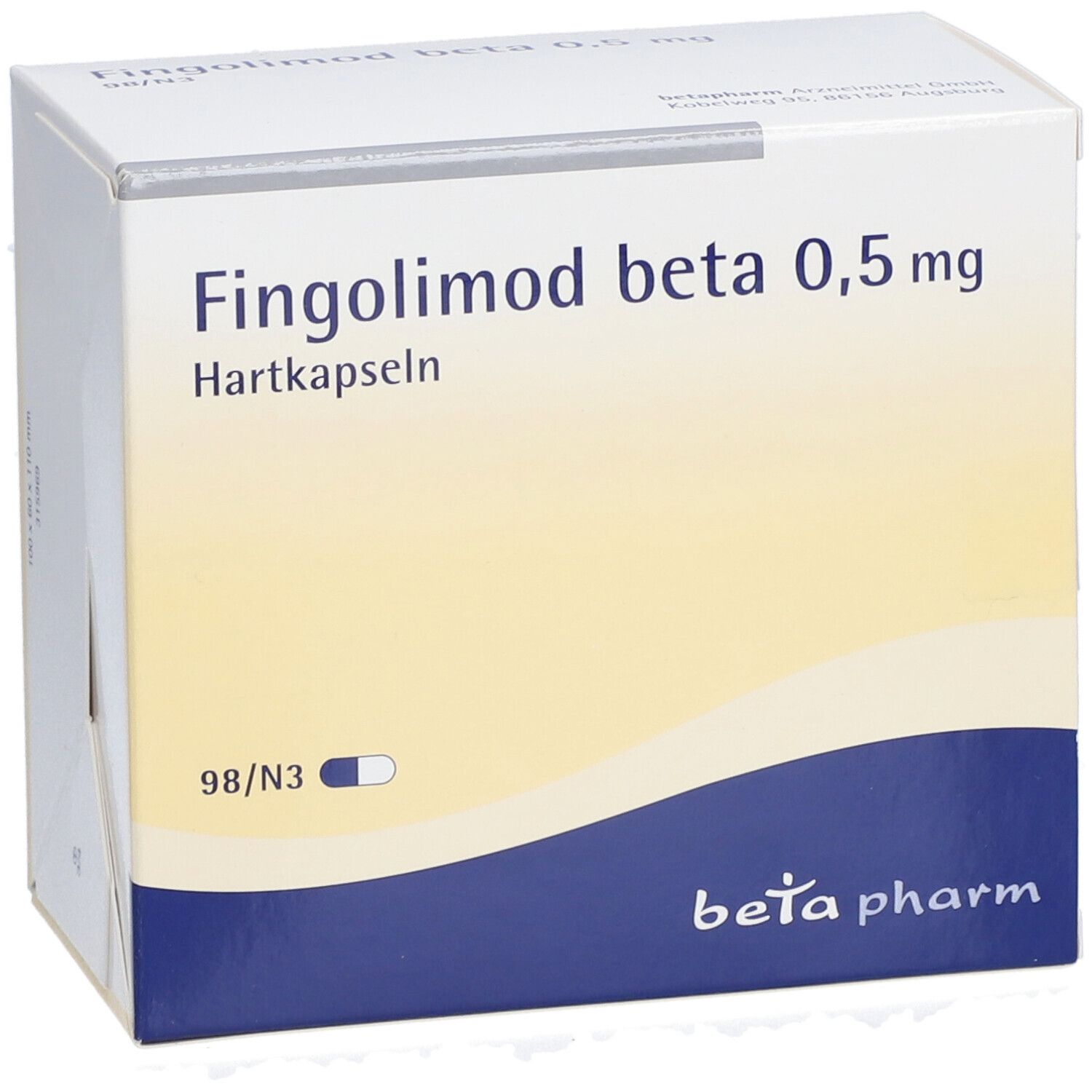 Schachtel Fingolimod beta 0,5 mg Hartkapseln. Weiß, blau und gelb. Beta pharm Logo. 98/N3. Perspektivisch.