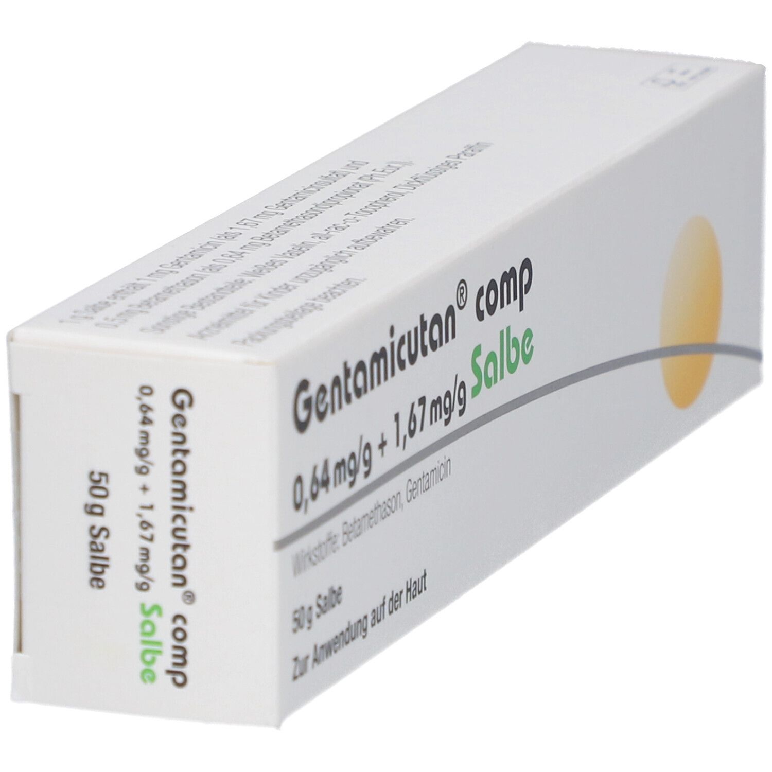 Schräg gestellte weiße Produktverpackung mit Produktnamen und Inhaltsstoffen. Gelber Kreis.