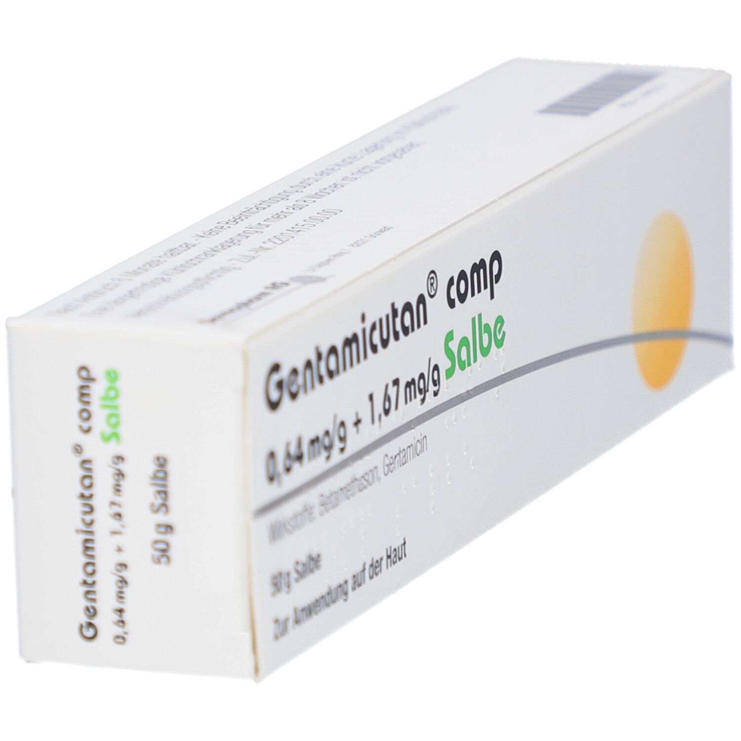 Schräg gestellte weiße Produktverpackung mit Produktnamen und Inhaltsstoffen. Gelber Kreis.