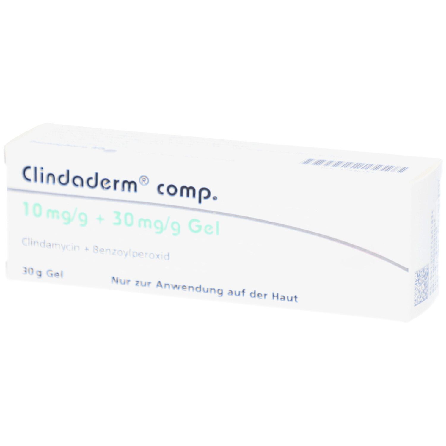 Weiße Faltschachtel mit Produktinformationen. Aufdruck: Clindaderm comp. 10 mg/g + 30 mg/g Gel, 30 g Gel.