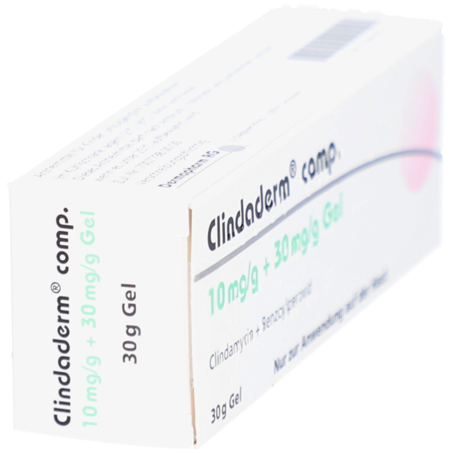 Schräg gestellte weiße Faltschachtel. Aufdruck: Clindaderm comp. 10 mg/g + 30 mg/g Gel, 30 g Gel. Produktname und Dosierung.