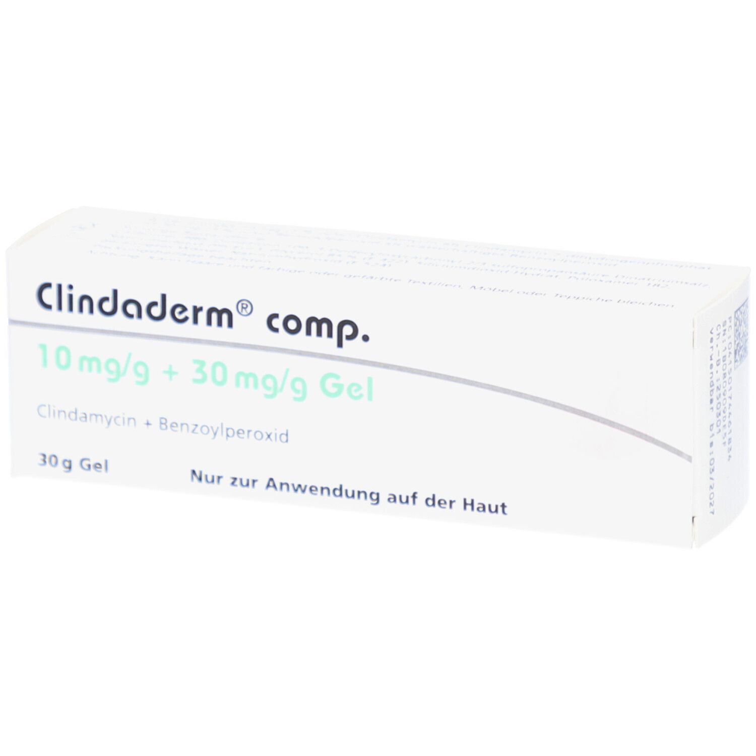 Weiße Faltschachtel mit Produktinformationen. Aufdruck: Clindaderm comp. 10 mg/g + 30 mg/g Gel, 30 g Gel.