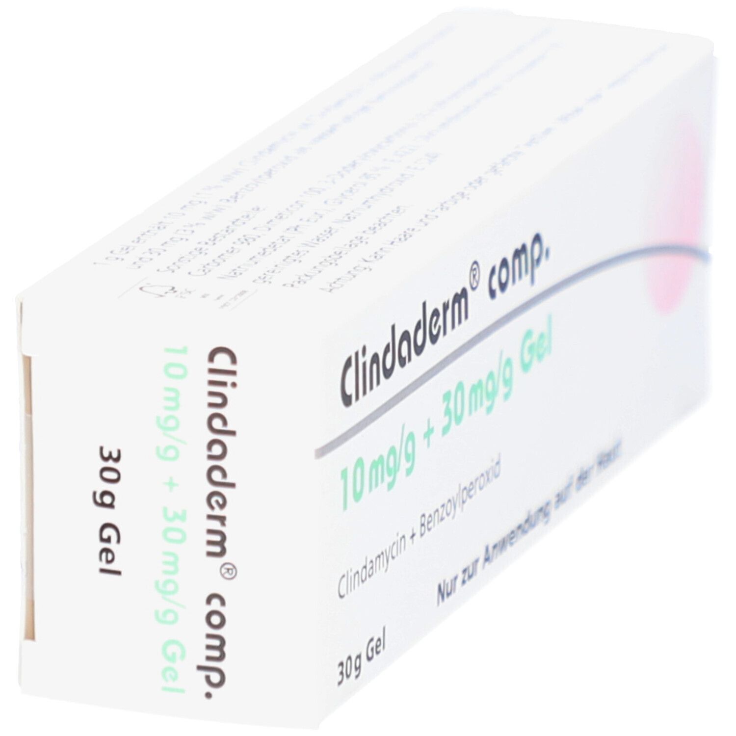 Schräg gestellte weiße Faltschachtel. Aufdruck: Clindaderm comp. 10 mg/g + 30 mg/g Gel, 30 g Gel. Produktname und Dosierung.
