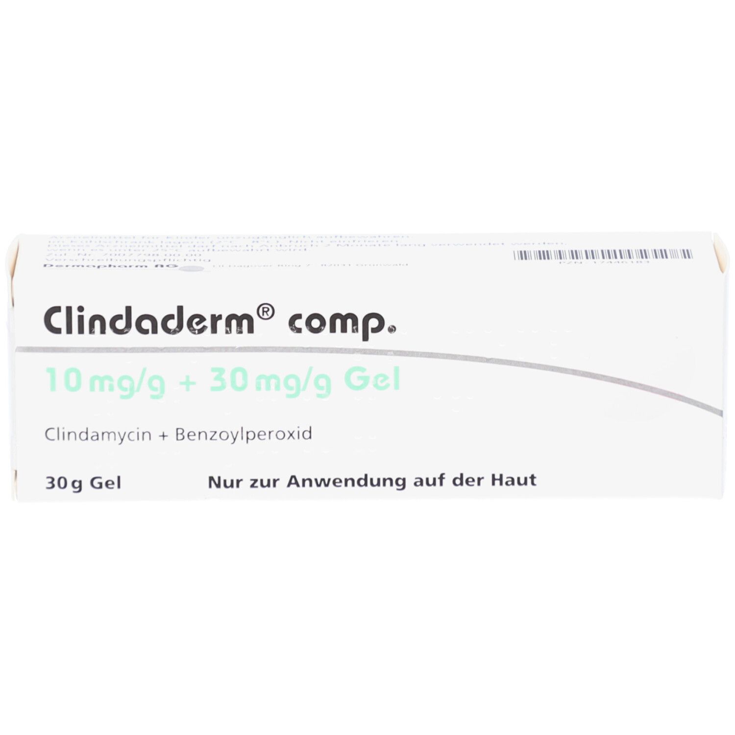 Weiße Faltschachtel mit Produktinformationen. Aufdruck: Clindaderm comp. 10 mg/g + 30 mg/g Gel, 30 g Gel.