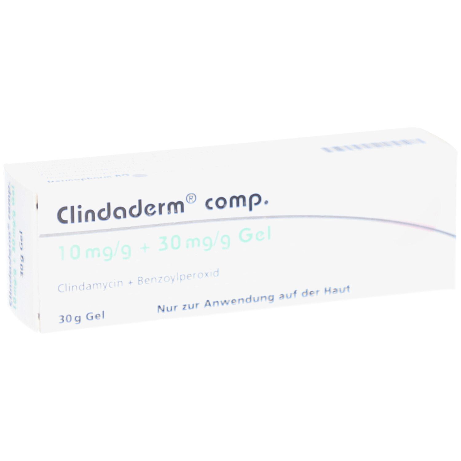 Weiße Faltschachtel mit Produktinformationen. Aufdruck: Clindaderm comp. 10 mg/g + 30 mg/g Gel, 30 g Gel.