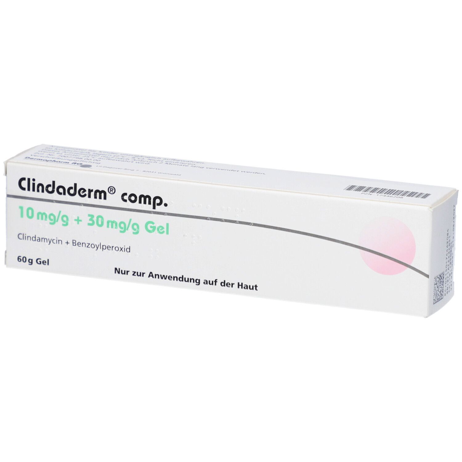 Verpackung von Clindaderm comp. Gel. Enthält 10mg/g + 30mg/g Gel. Aufschrift: Nur zur Anwendung auf der Haut.