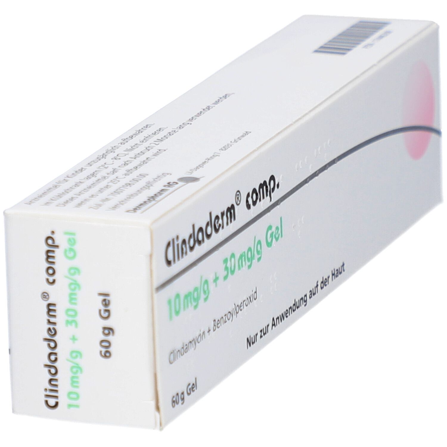 Schräg gestellte Verpackung von Clindaderm comp. Gel. Enthält 10mg/g + 30mg/g Gel. Aufschrift: Nur zur Anwendung auf der Haut.