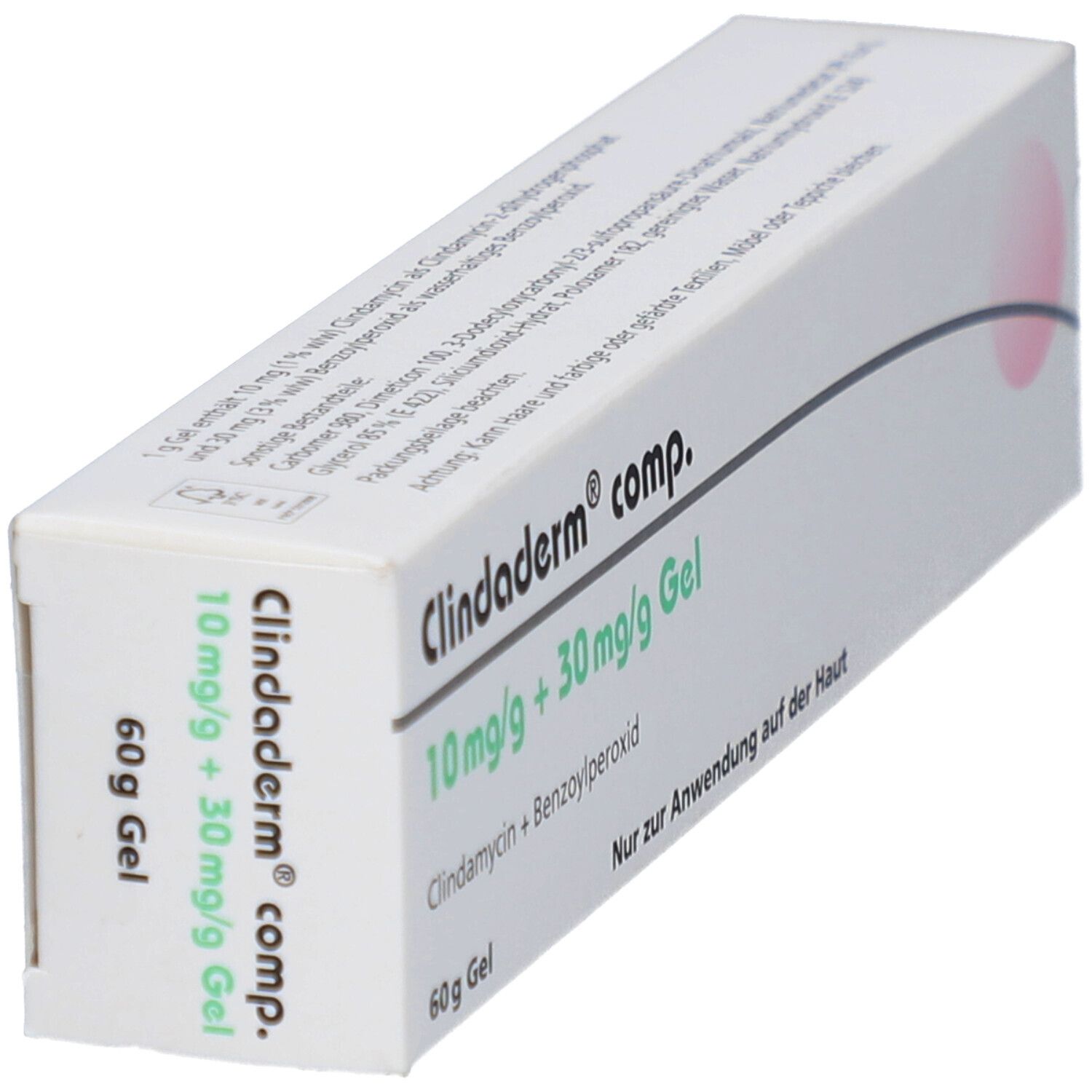 Schräg gestellte Verpackung von Clindaderm comp. Gel. Enthält 10mg/g + 30mg/g Gel. Aufschrift: Nur zur Anwendung auf der Haut.