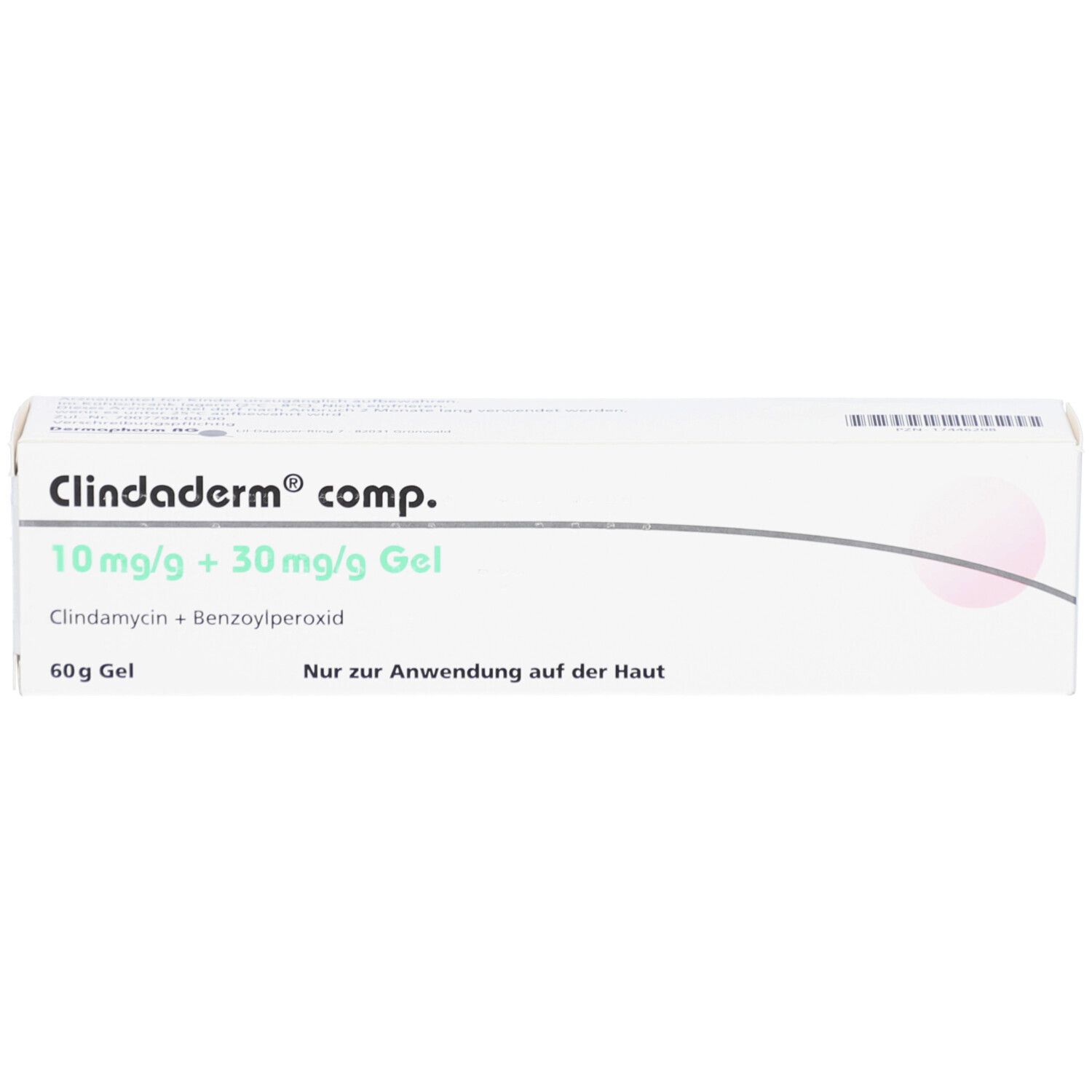 Verpackung von Clindaderm comp. Gel. Enthält 10mg/g + 30mg/g Gel. Aufschrift: Nur zur Anwendung auf der Haut.