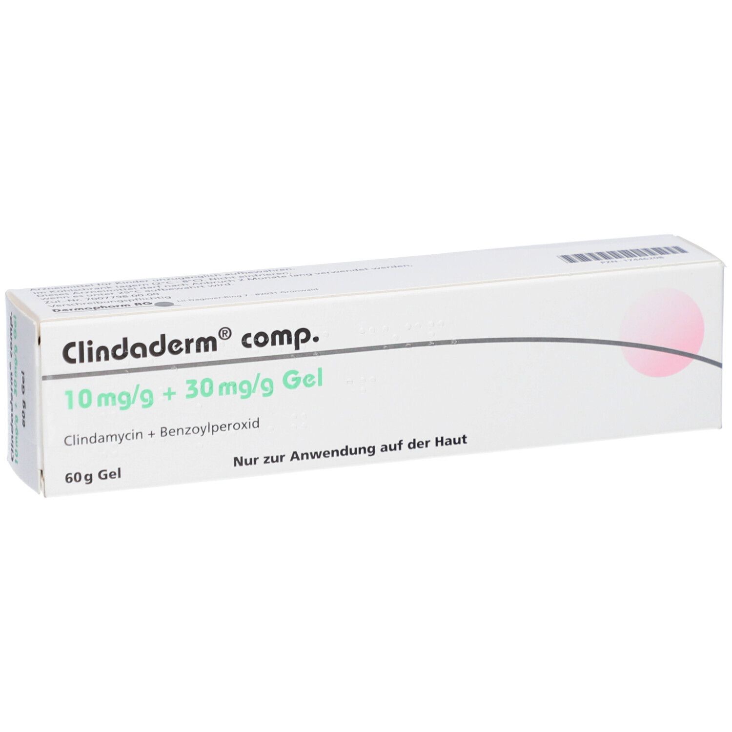 Verpackung von Clindaderm comp. Gel. Enthält 10mg/g + 30mg/g Gel. Aufschrift: Nur zur Anwendung auf der Haut.