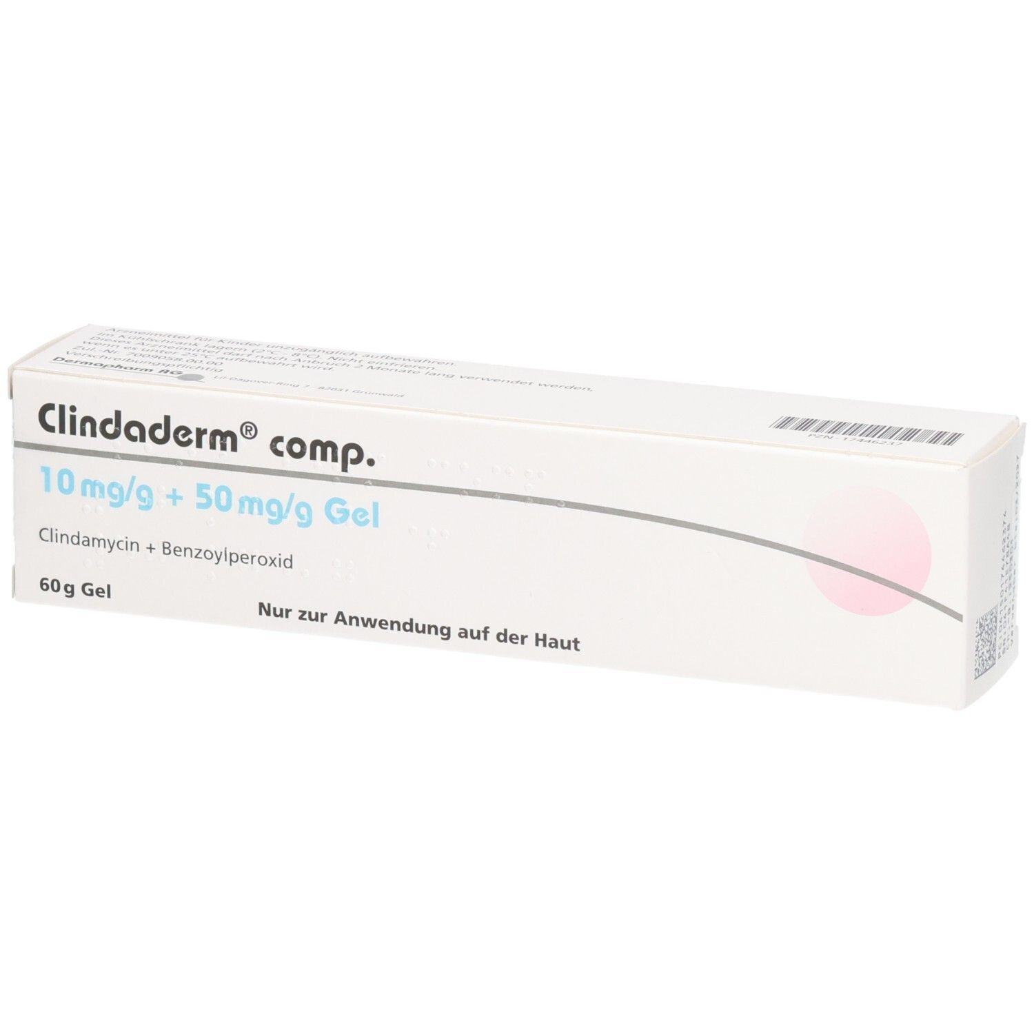 Schachtel mit Produktinformationen. Aufschrift: Clindaderm comp. 10 mg/g + 50 mg/g Gel. 60g Gel. Nur zur Anwendung auf der Haut.