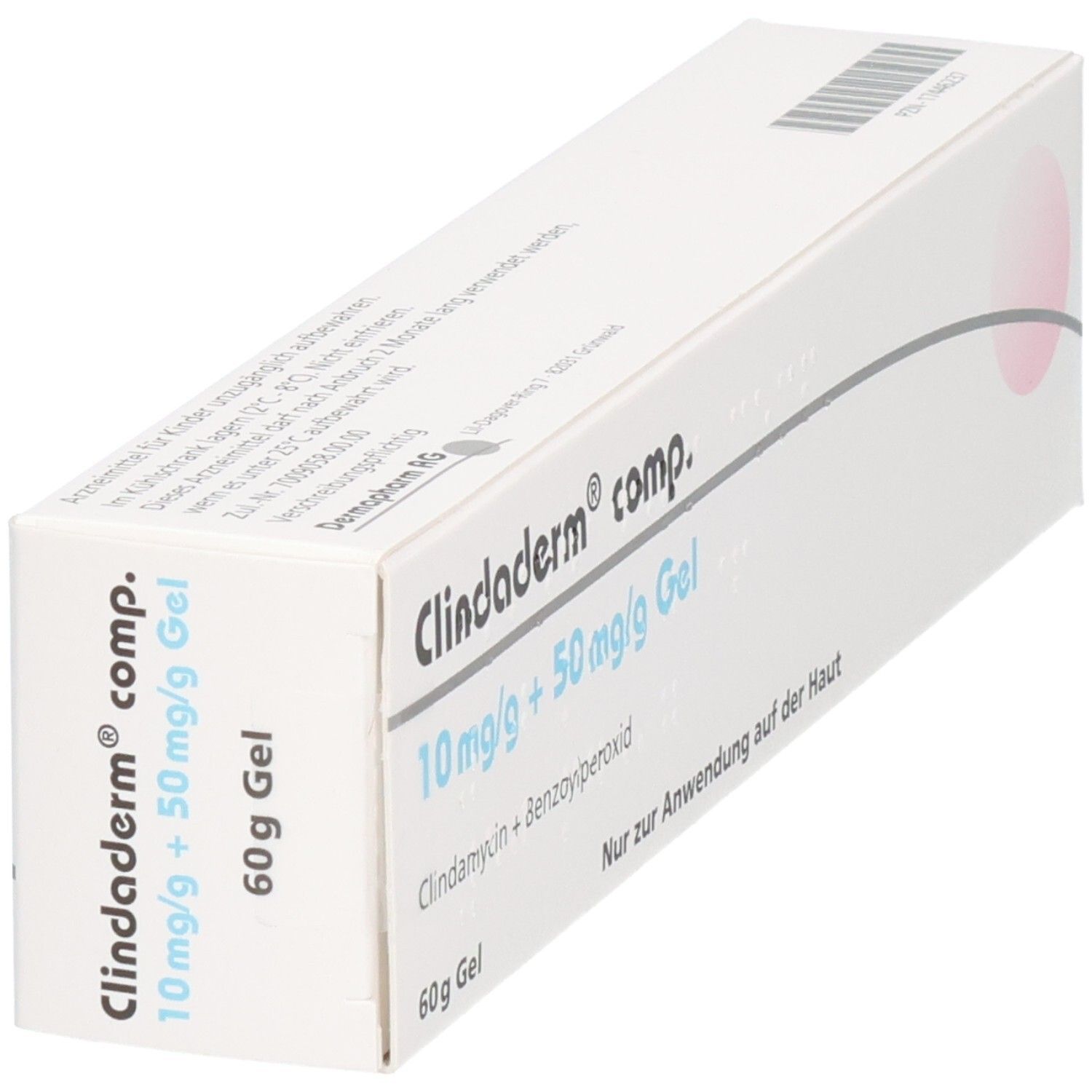 Schachtel, schräg von oben. Aufschrift: Clindaderm comp. 10 mg/g + 50 mg/g Gel. 60g Gel. Nur zur Anwendung auf der Haut.