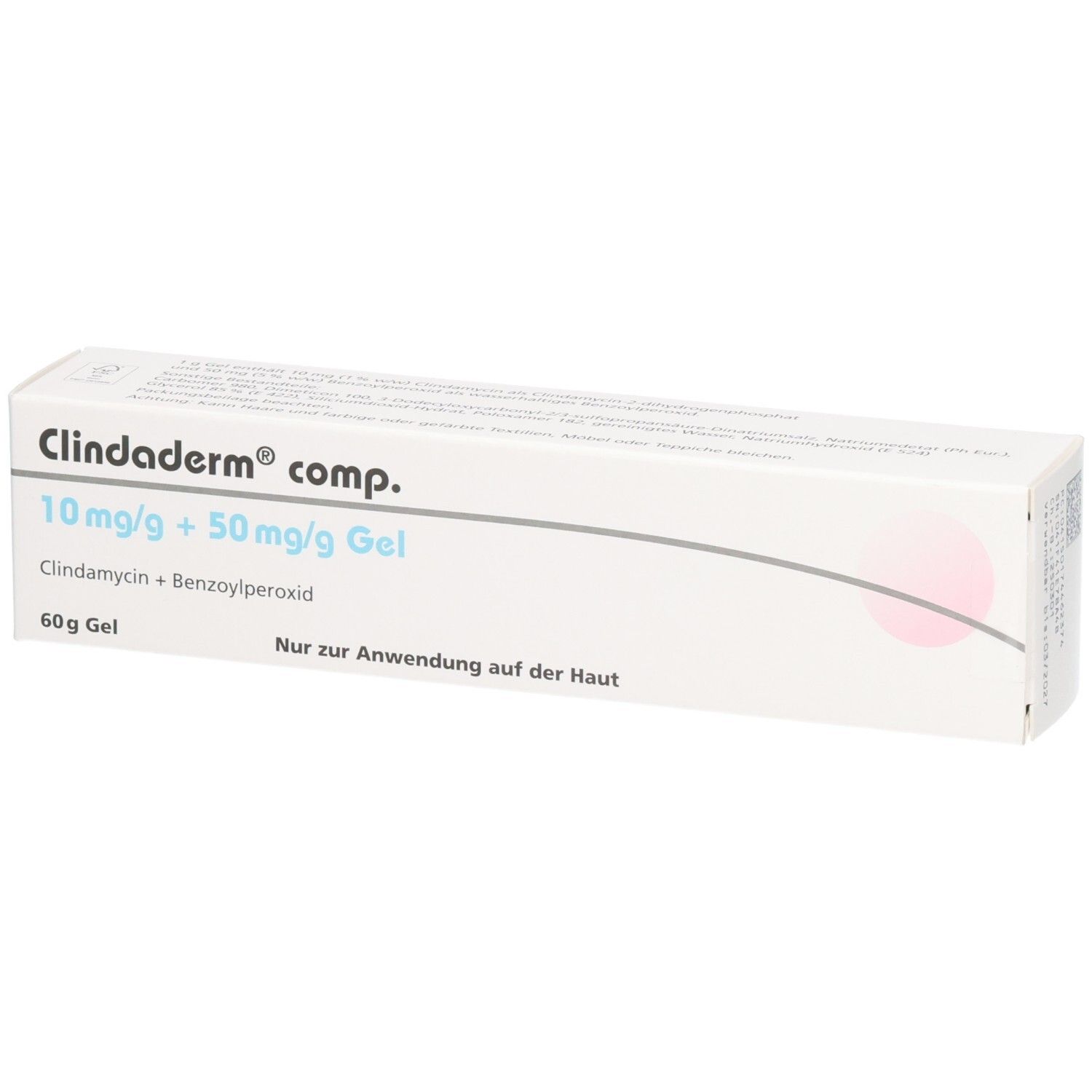 Schachtel mit Produktinformationen. Aufschrift: Clindaderm comp. 10 mg/g + 50 mg/g Gel. 60g Gel. Nur zur Anwendung auf der Haut.