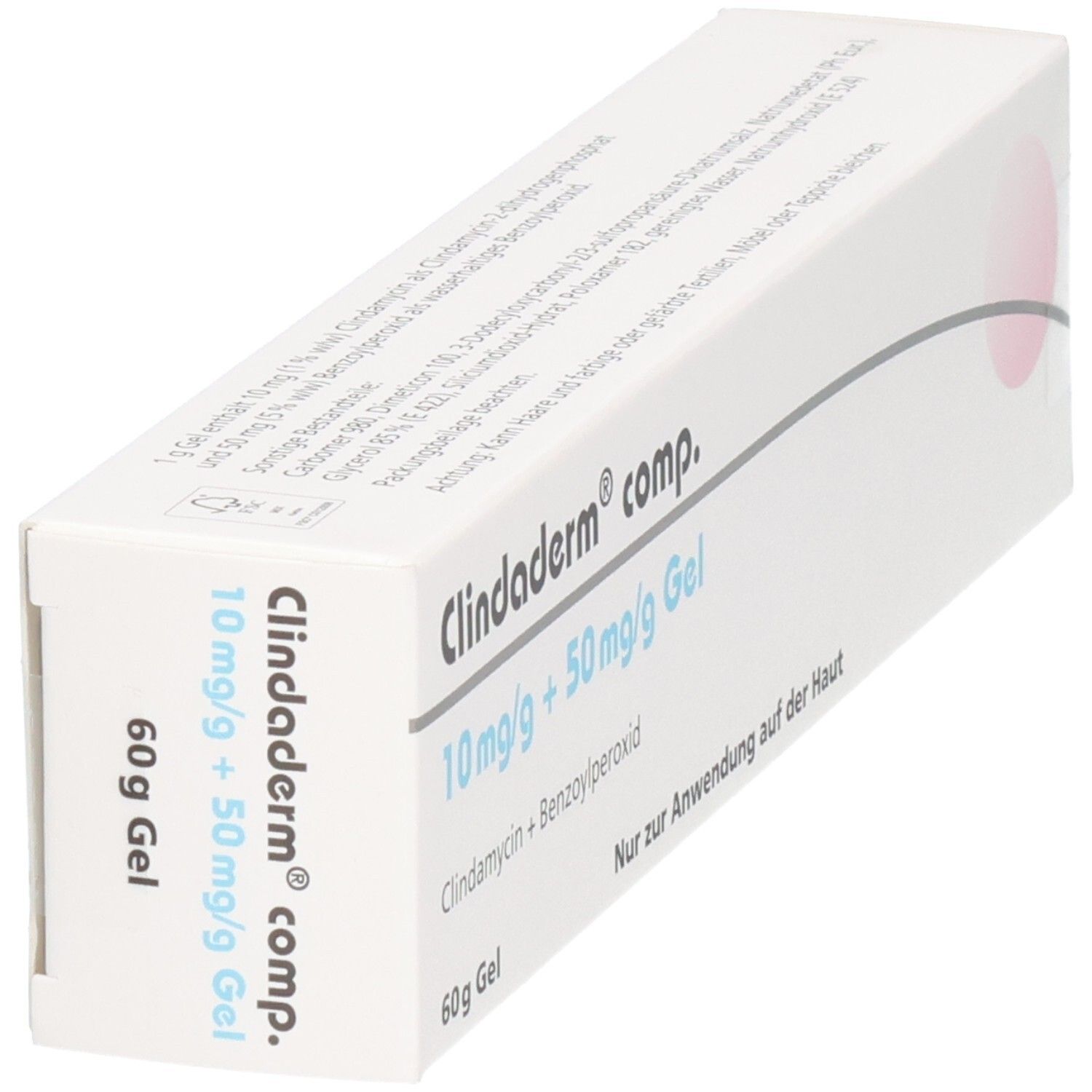 Schachtel, schräg von oben. Aufschrift: Clindaderm comp. 10 mg/g + 50 mg/g Gel. 60g Gel. Nur zur Anwendung auf der Haut.