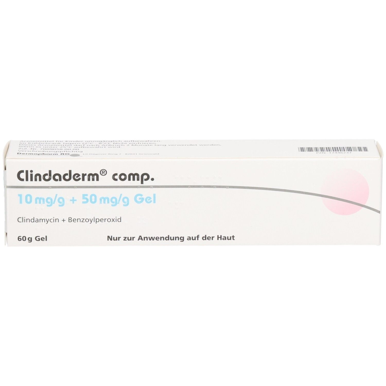 Schachtel mit Produktinformationen. Aufschrift: Clindaderm comp. 10 mg/g + 50 mg/g Gel. 60g Gel. Nur zur Anwendung auf der Haut.