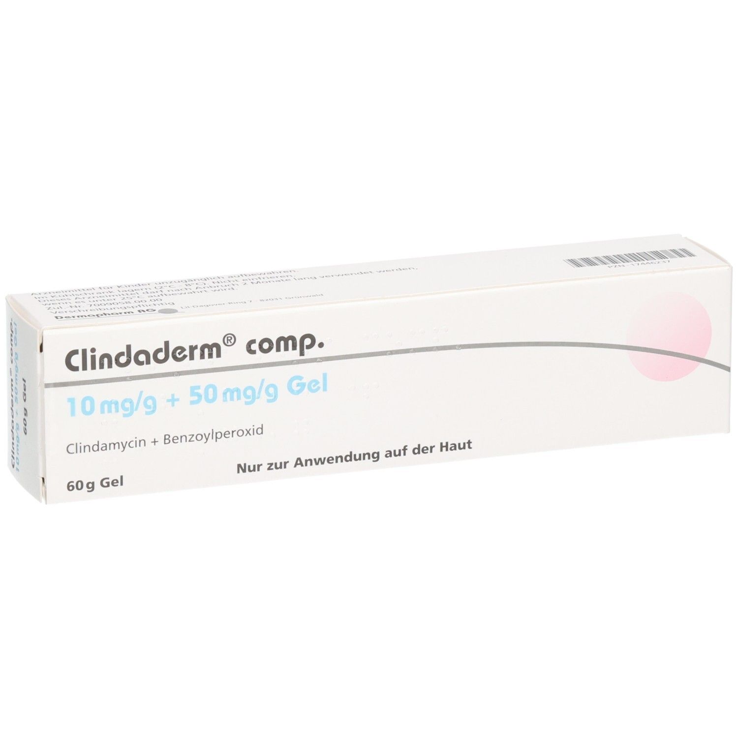 Schachtel mit Produktinformationen. Aufschrift: Clindaderm comp. 10 mg/g + 50 mg/g Gel. 60g Gel. Nur zur Anwendung auf der Haut.