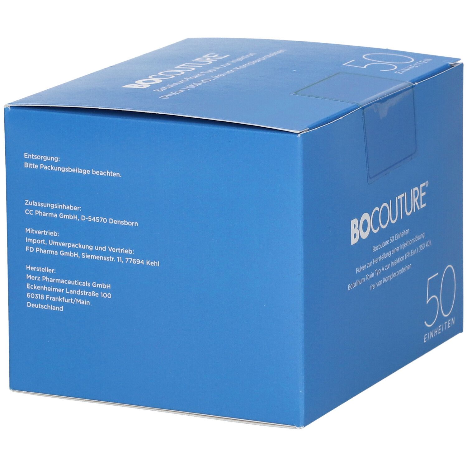 Blauer Karton mit Bocouture®-Logo, Hersteller- und Importinformationen. Aufschrift "50 Einheiten".