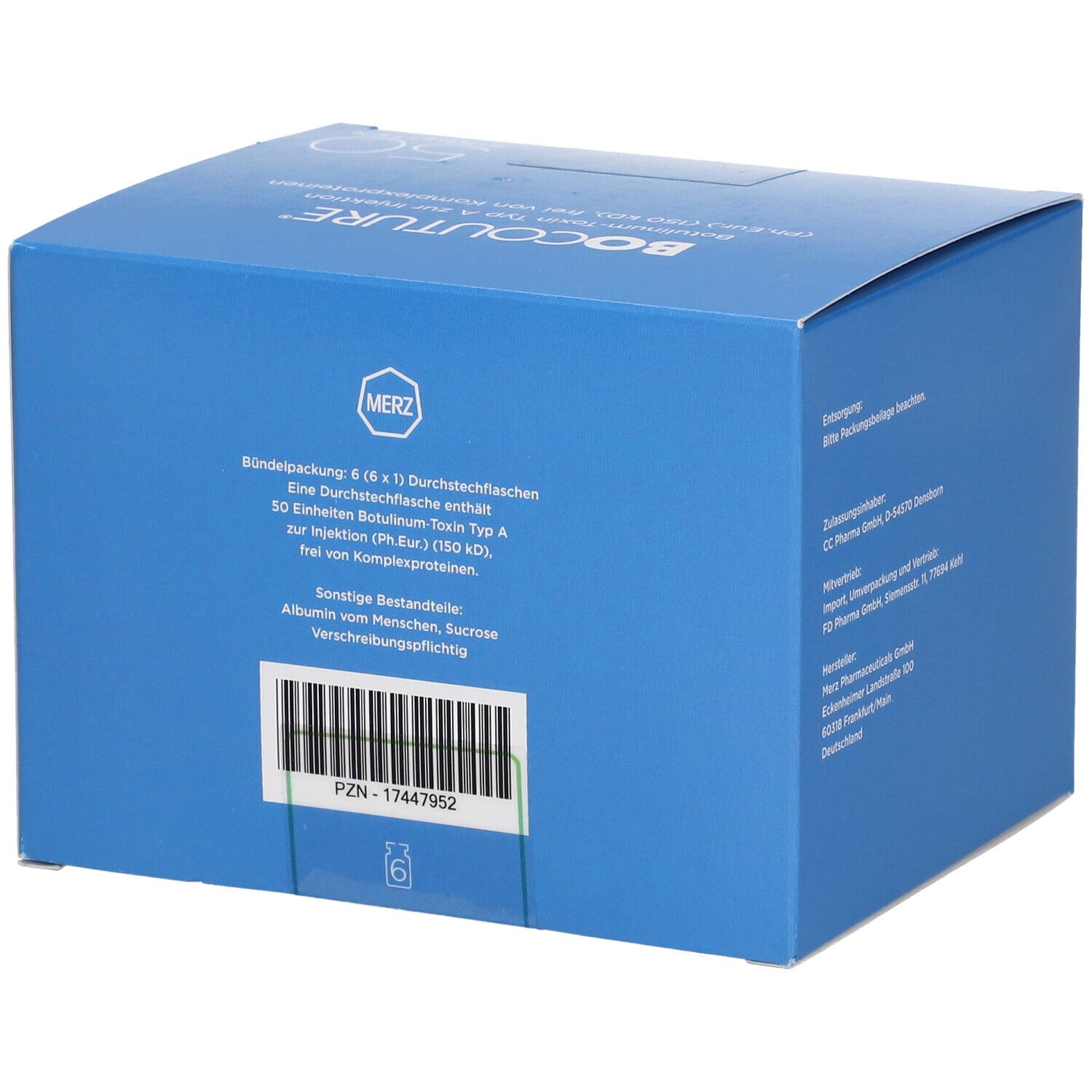Bocouture 50 Einheiten: Bündelpackung mit 6 Durchstechflaschen. Enthält Albumin vom Menschen.