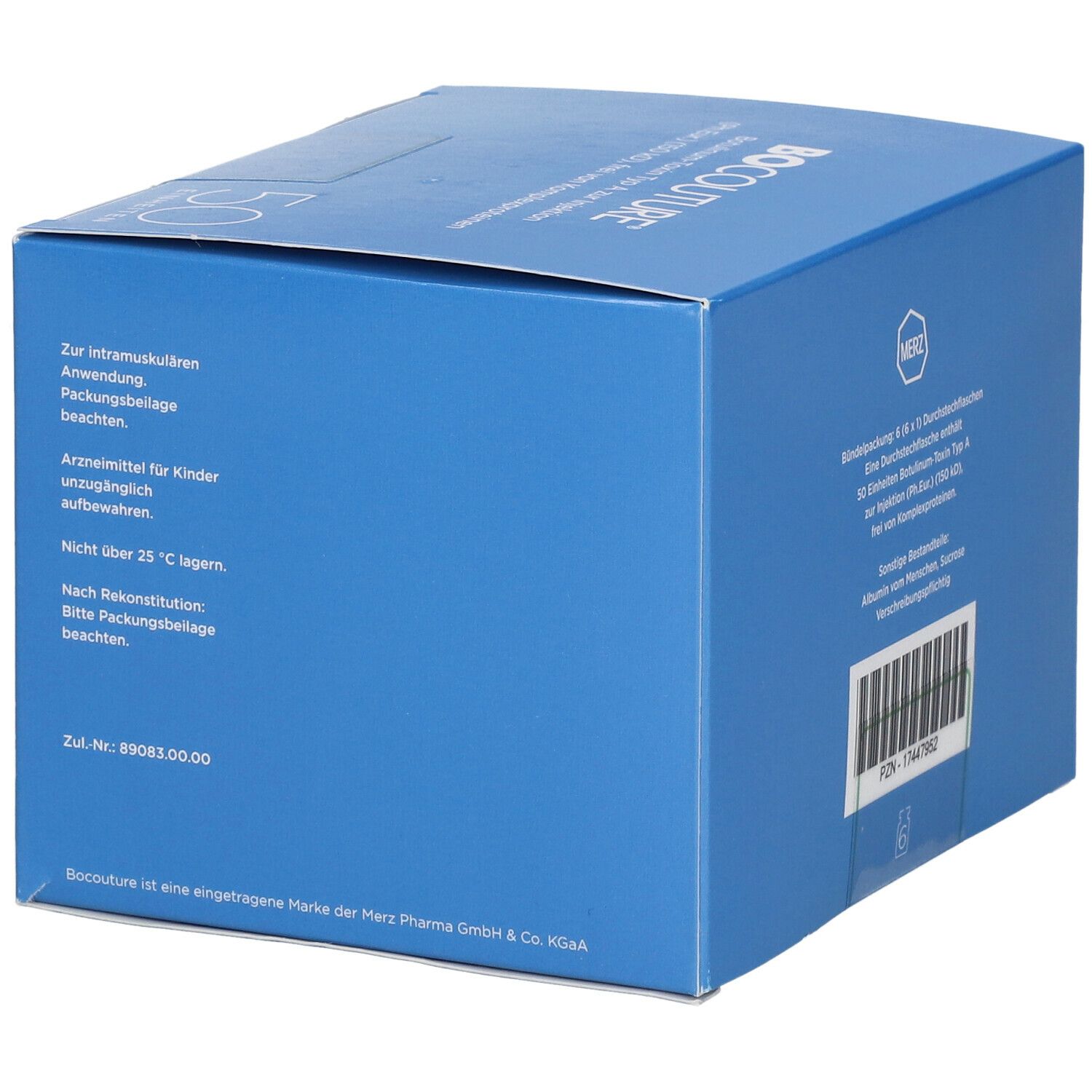 Blauer Karton mit Bocouture®-Logo und Informationen zur Anwendung. Enthält Warnhinweise und Chargennummer.