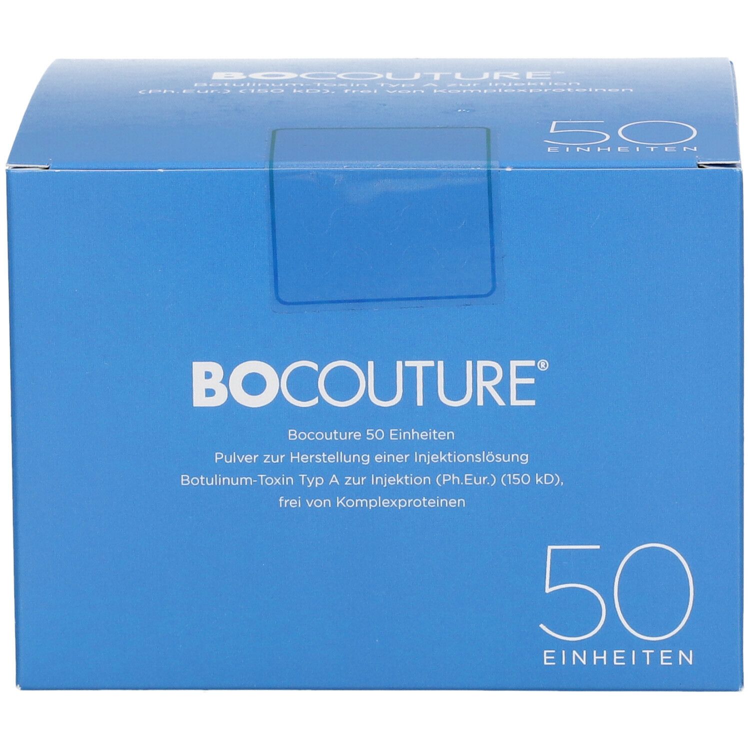 Blauer Karton mit Bocouture®-Logo und Produktinformationen. Aufschrift "50 Einheiten".