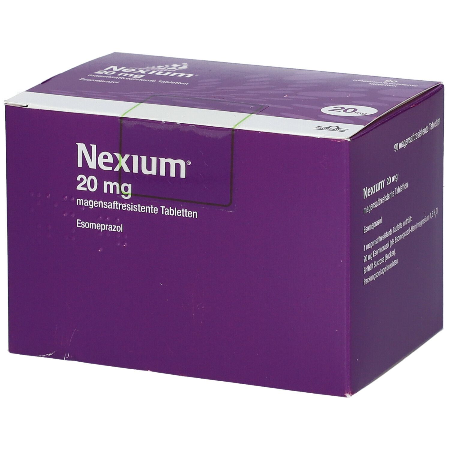 Lila Schachtel mit weißer Schrift. Aufschrift: Nexium 20 mg, magensaftresistente Tabletten, Esomeprazol.