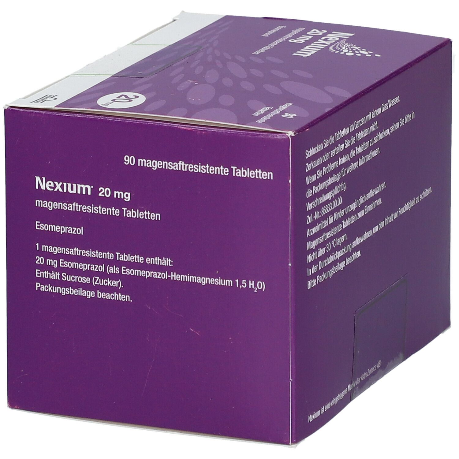 Lila Schachtel mit weißer Schrift. Aufschrift: Nexium 20 mg, magensaftresistente Tabletten, Esomeprazol. Mit Text.