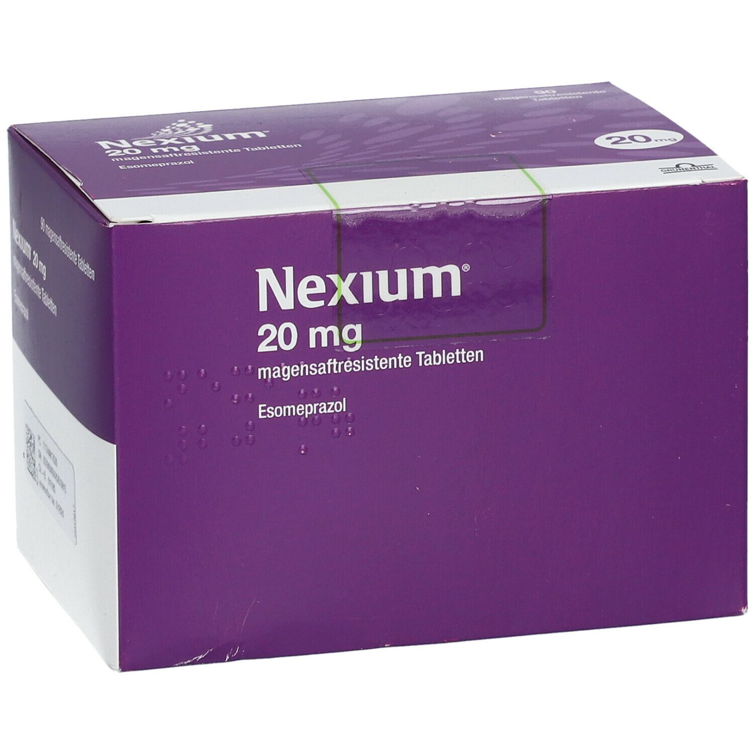 Lila Schachtel mit weißer Schrift. Aufschrift: Nexium 20 mg, magensaftresistente Tabletten, Esomeprazol.