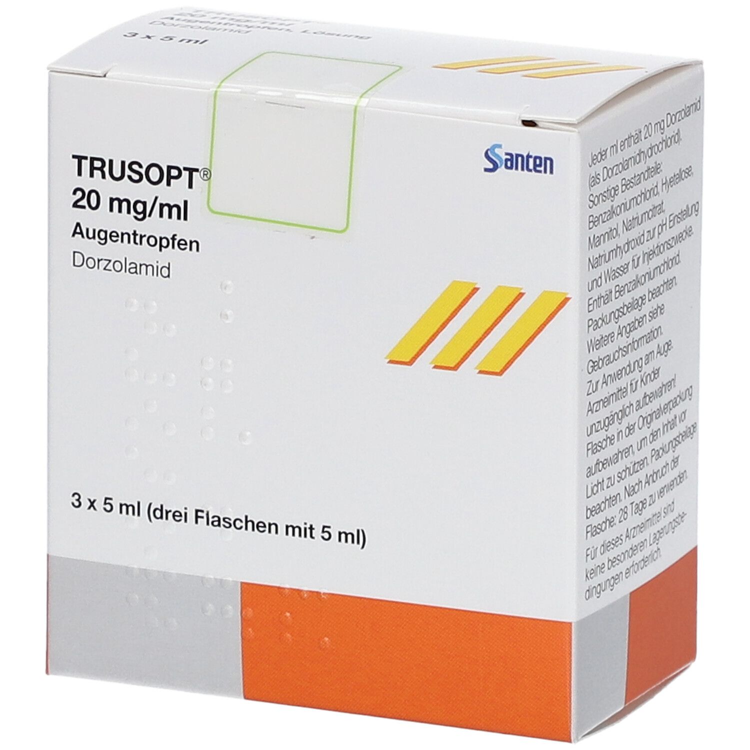 Schachtel mit TRUSOPT 20 mg/ml Augentropfen. Enthält 3 Flaschen mit 5 ml. Aufschrift: Dorzolamid. Santen-Logo.