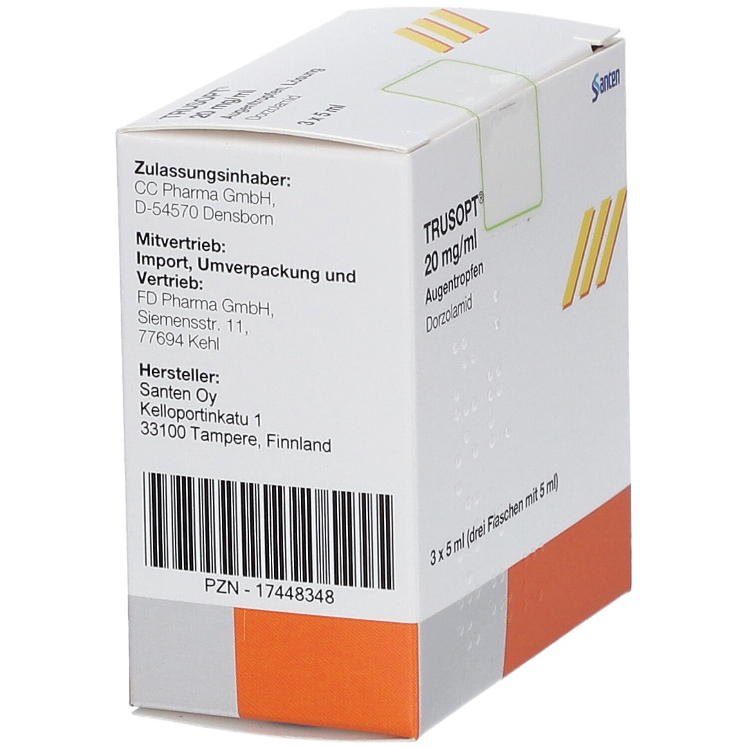 Schachtel von TRUSOPT 20 mg/ml Augentropfen. Rückseite mit Hersteller- und Vertriebsinformationen. Barcode und PZN-Nummer.