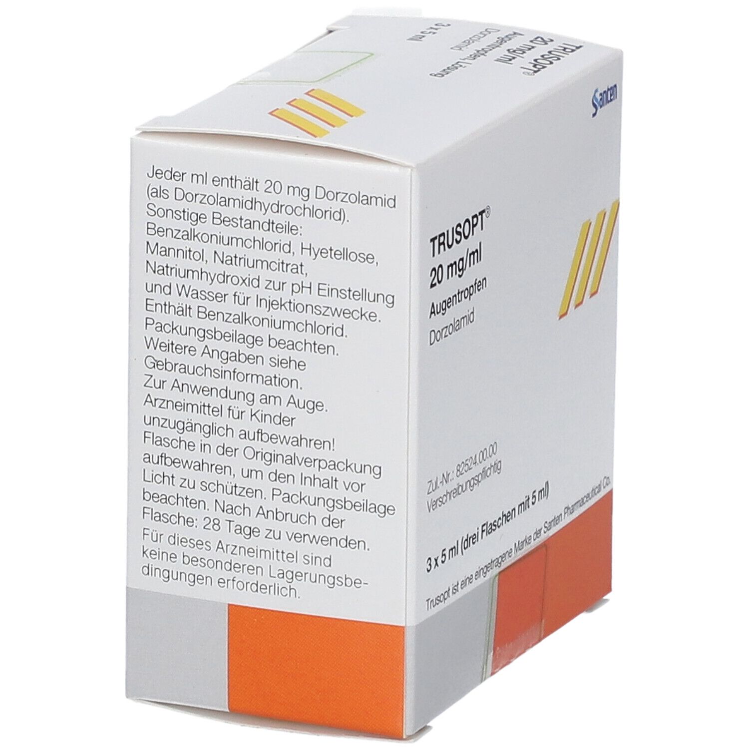 Schachtel von TRUSOPT 20 mg/ml Augentropfen. Enthält 3 Flaschen mit 5 ml. Aufschrift: Dorzolamid. Santen-Logo. Text über Inhaltsstoffe.