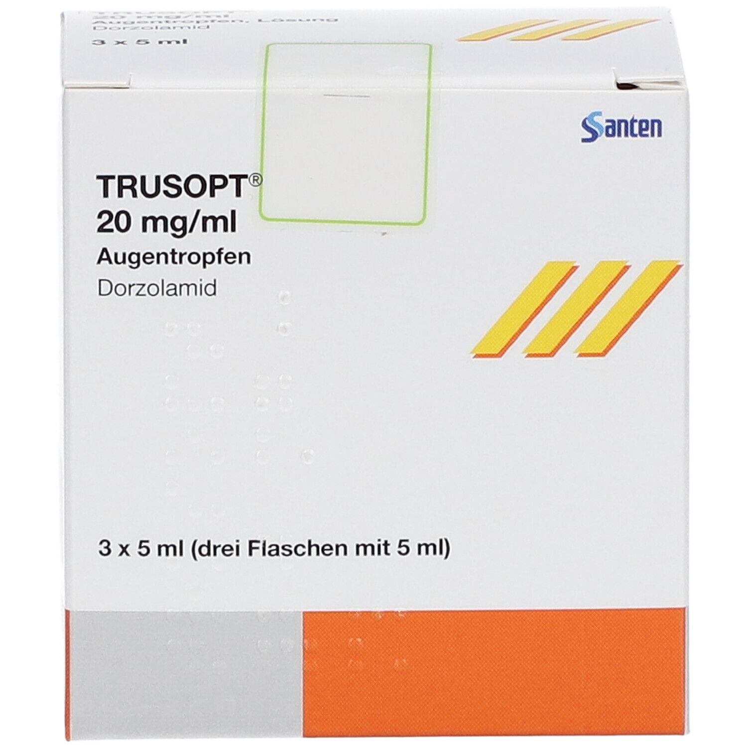 Schachtel von TRUSOPT 20 mg/ml Augentropfen. Aufschrift: Dorzolamid. 3 x 5 ml. Santen-Logo. Sichtfenster.