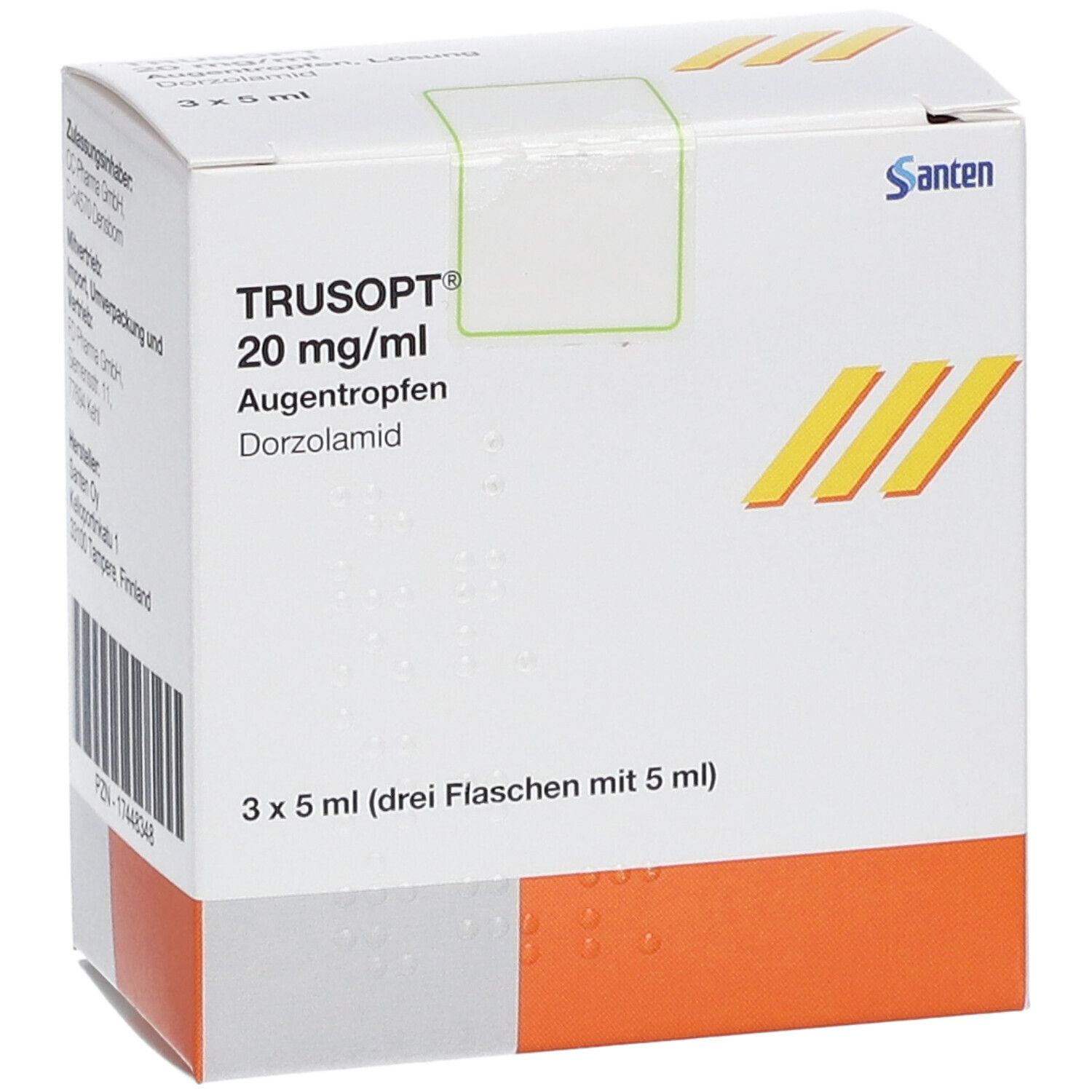 Schachtel von TRUSOPT 20 mg/ml Augentropfen. Aufschrift: Dorzolamid. 3 x 5 ml. Santen-Logo. Sichtfenster.