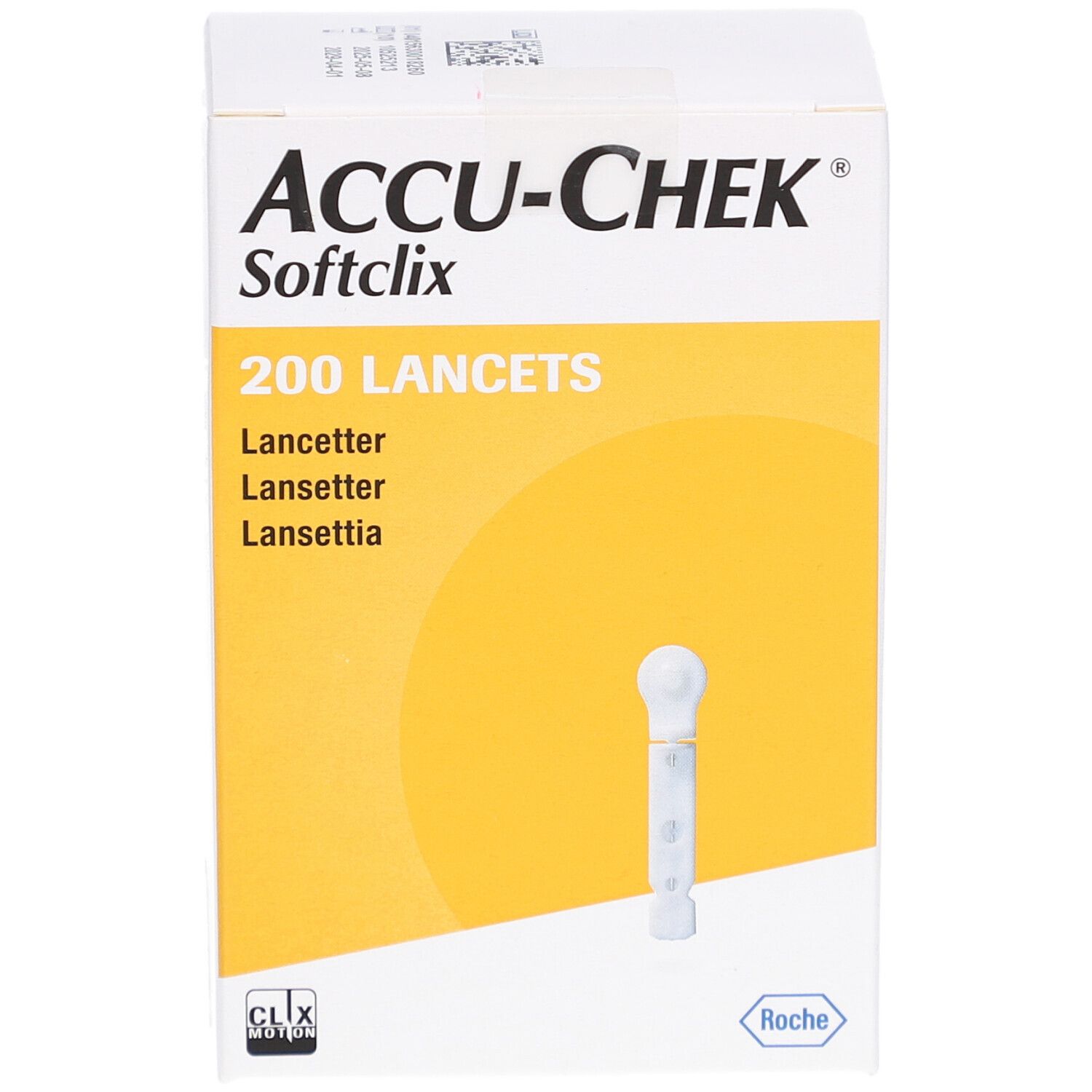 Schachtel mit ACCU-CHEK Softclix Lanzetten. Aufdruck: 200 Lanzetten. Einzelne Lanzette abgebildet.