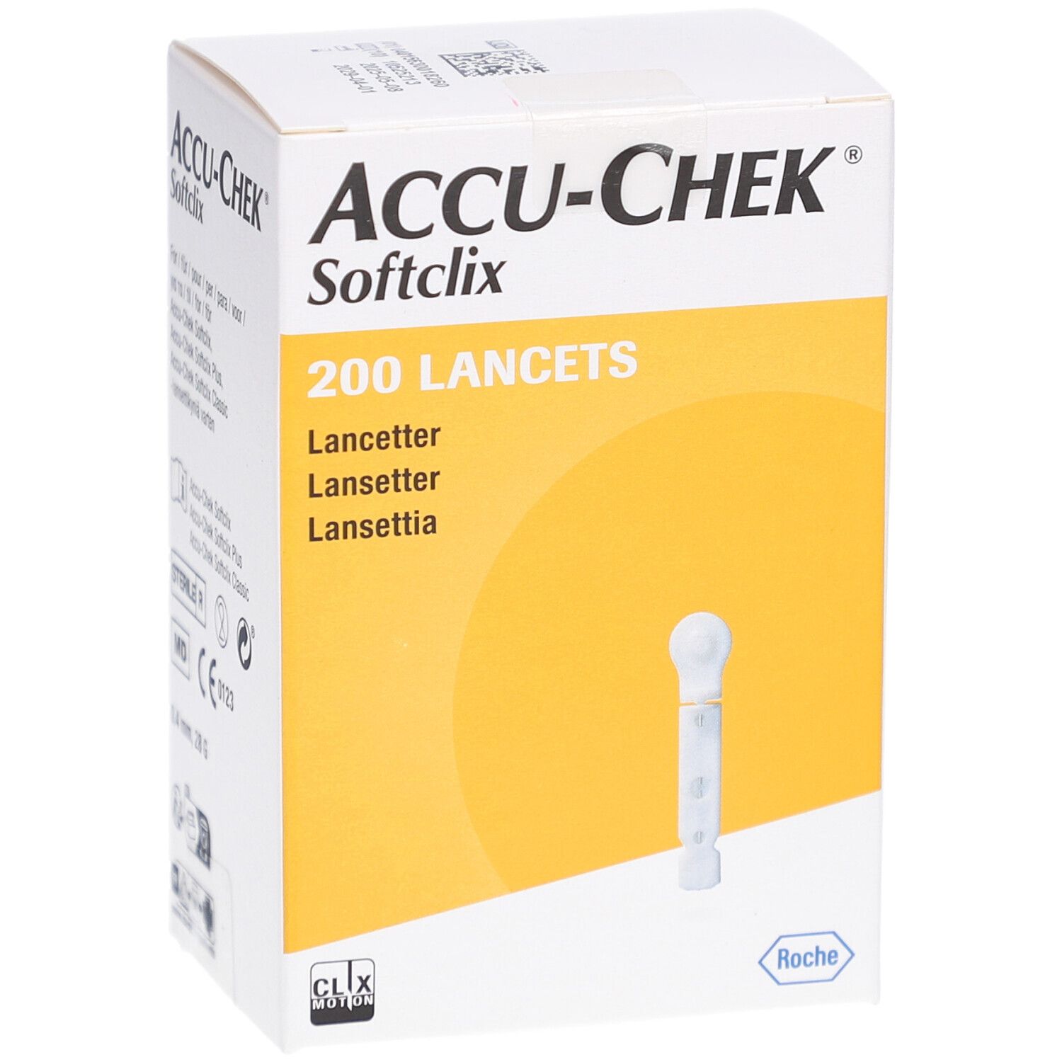 Verpackung von ACCU-CHEK Softclix Lanzetten. Aufdruck: 200 Lanzetten. Einzelne Lanzette abgebildet.