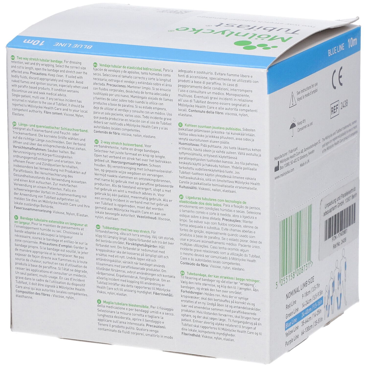 Seite der Tubifast-Verpackung. Text in mehreren Sprachen. Enthält Informationen zur Anwendung und Inhaltsstoffe des Produkts.