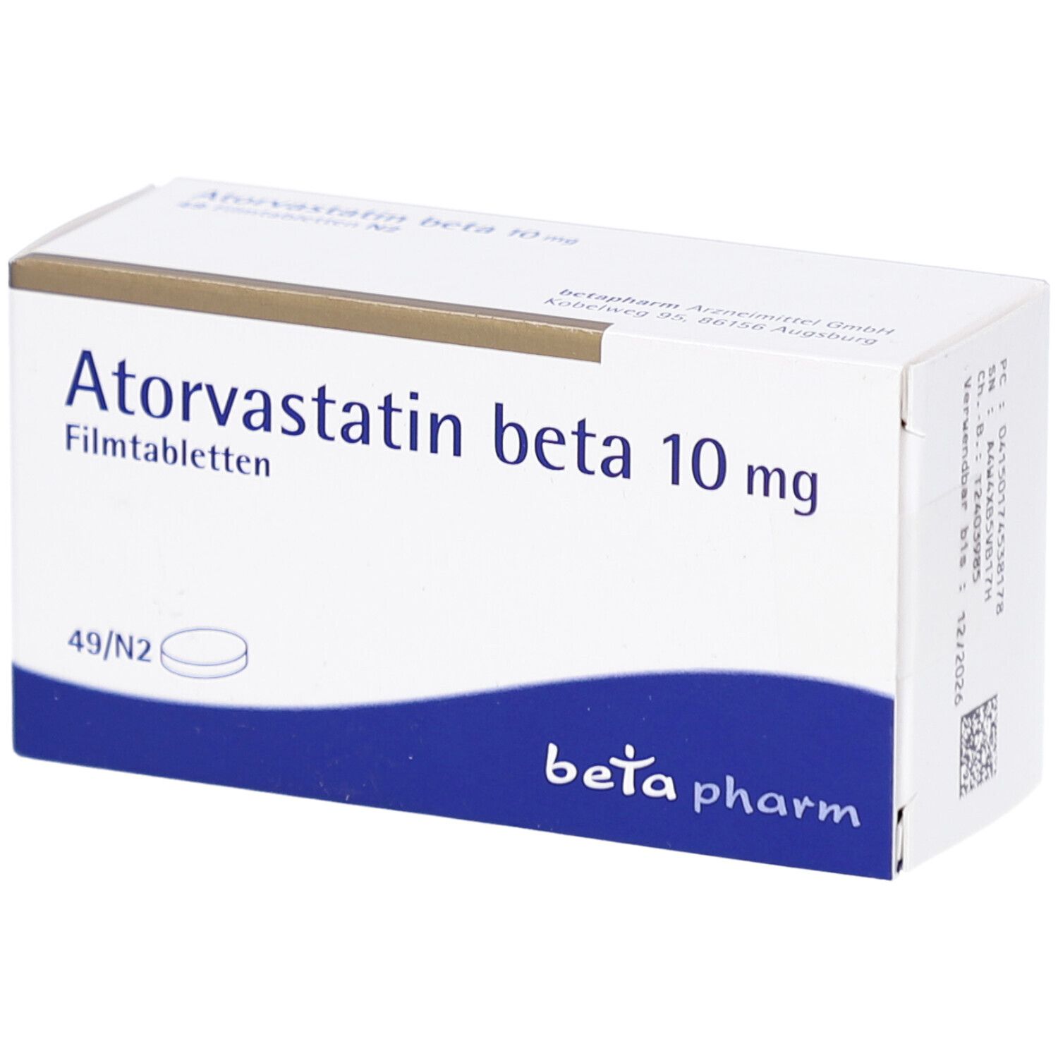 Schachtel mit Atorvastatin beta 10 mg Filmtabletten. Blaue und weiße Verpackung. Beta pharm Logo.