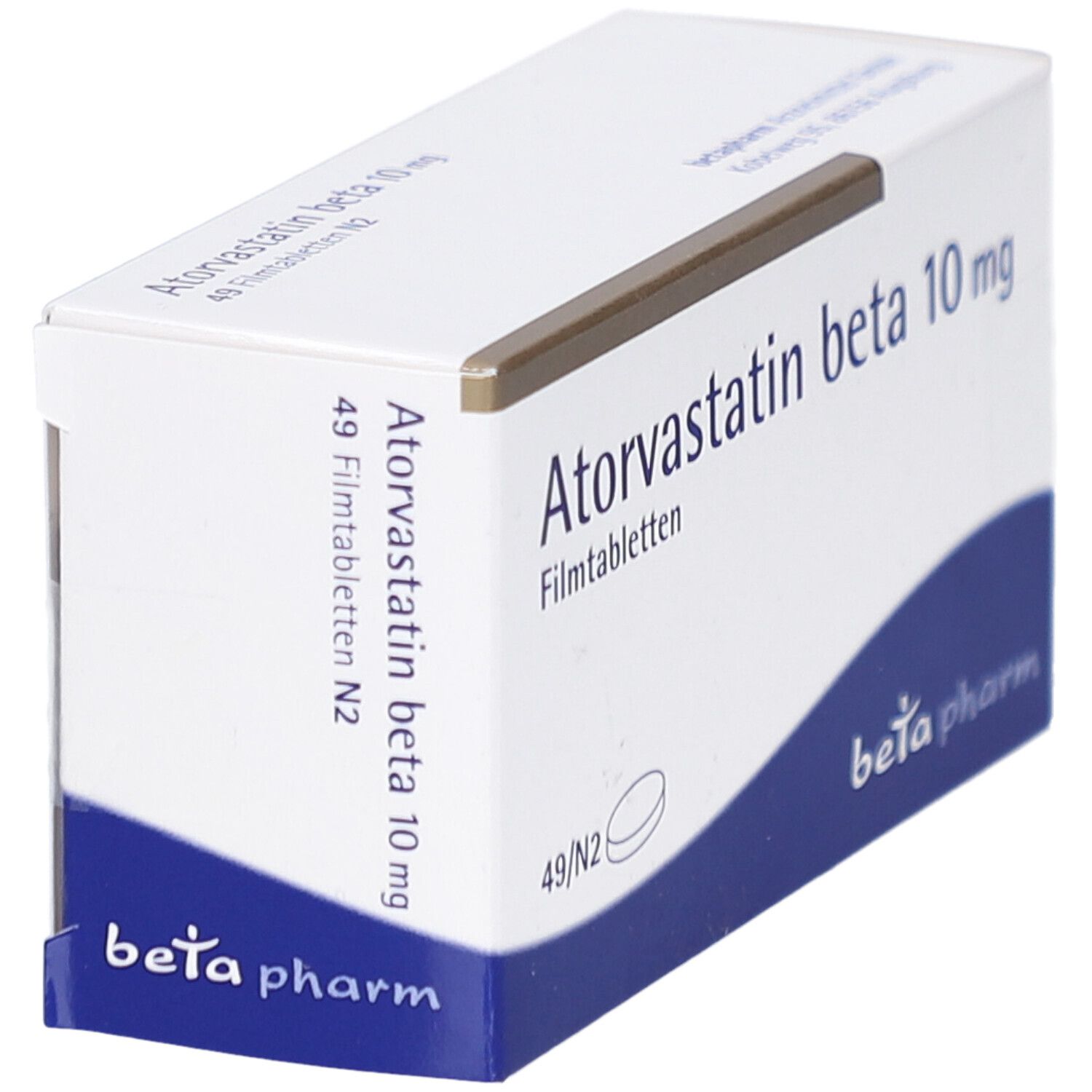 Schachtel Atorvastatin beta 10 mg Filmtabletten. Blaue und weiße Verpackung. Beta pharm Logo. Ansicht schräg.