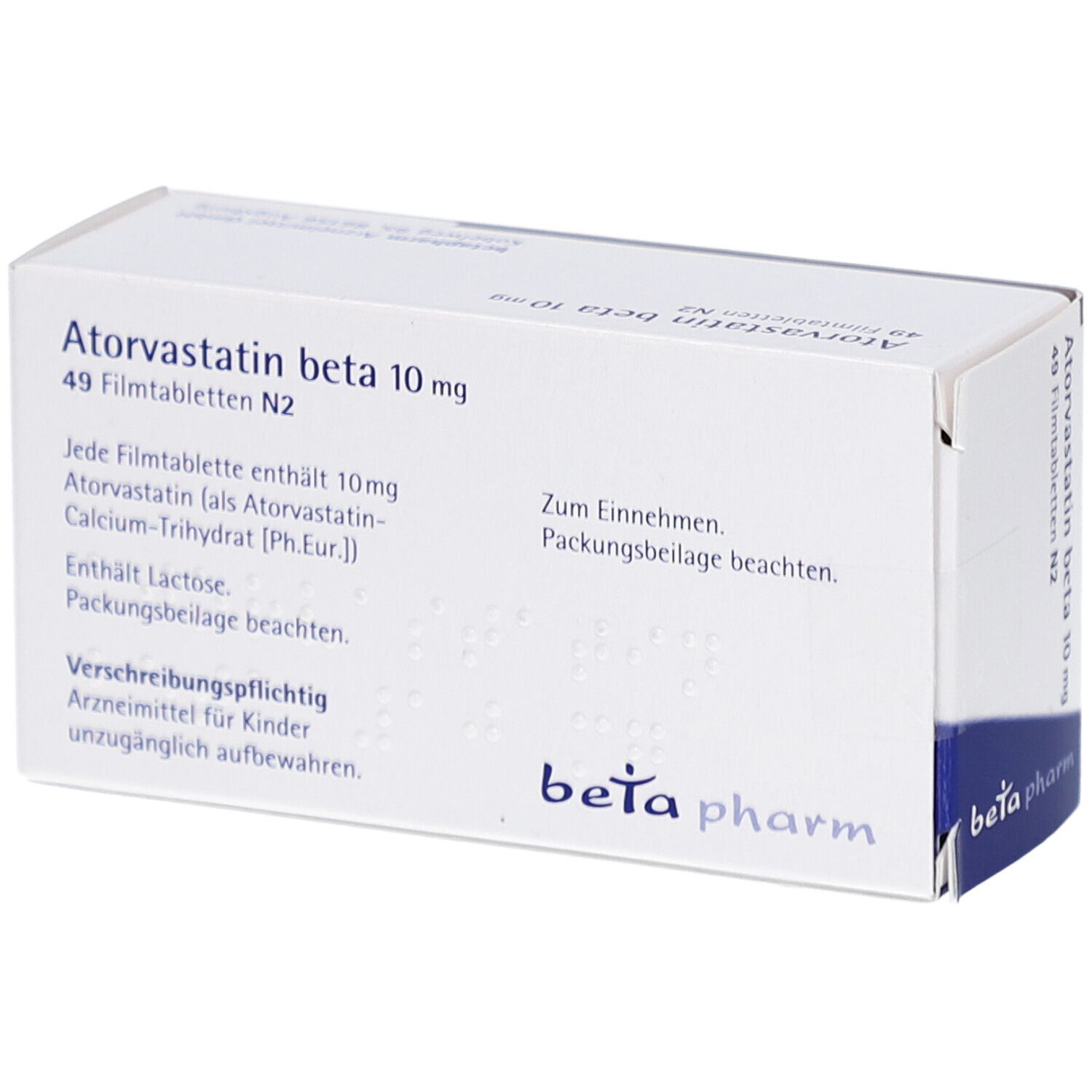 Schachtel Atorvastatin beta 10 mg Filmtabletten. Textinformationen auf der Verpackung. Beta pharm Logo.