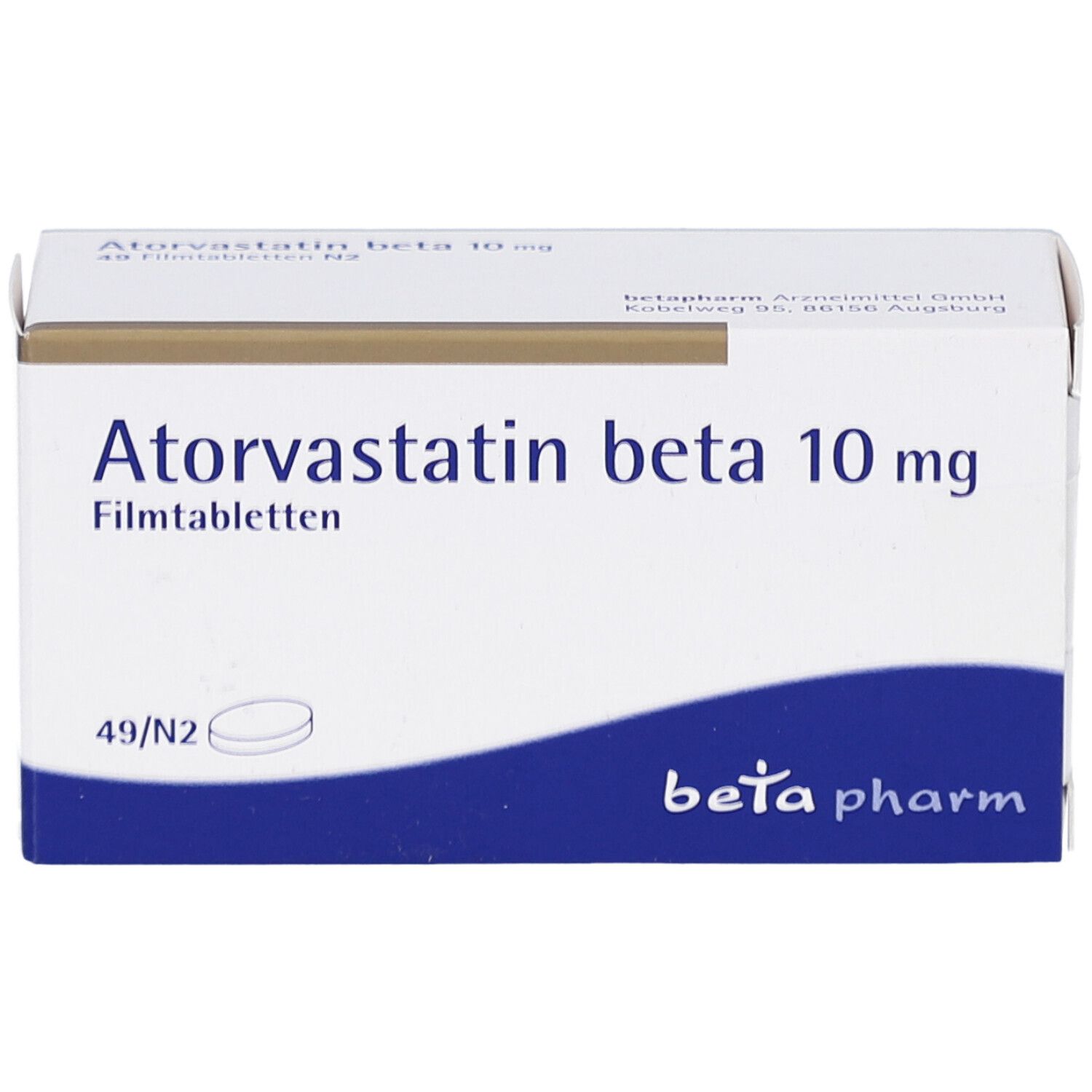 Schachtel Atorvastatin beta 10 mg Filmtabletten. Blaue und weiße Verpackung. Beta pharm Logo. Draufsicht.